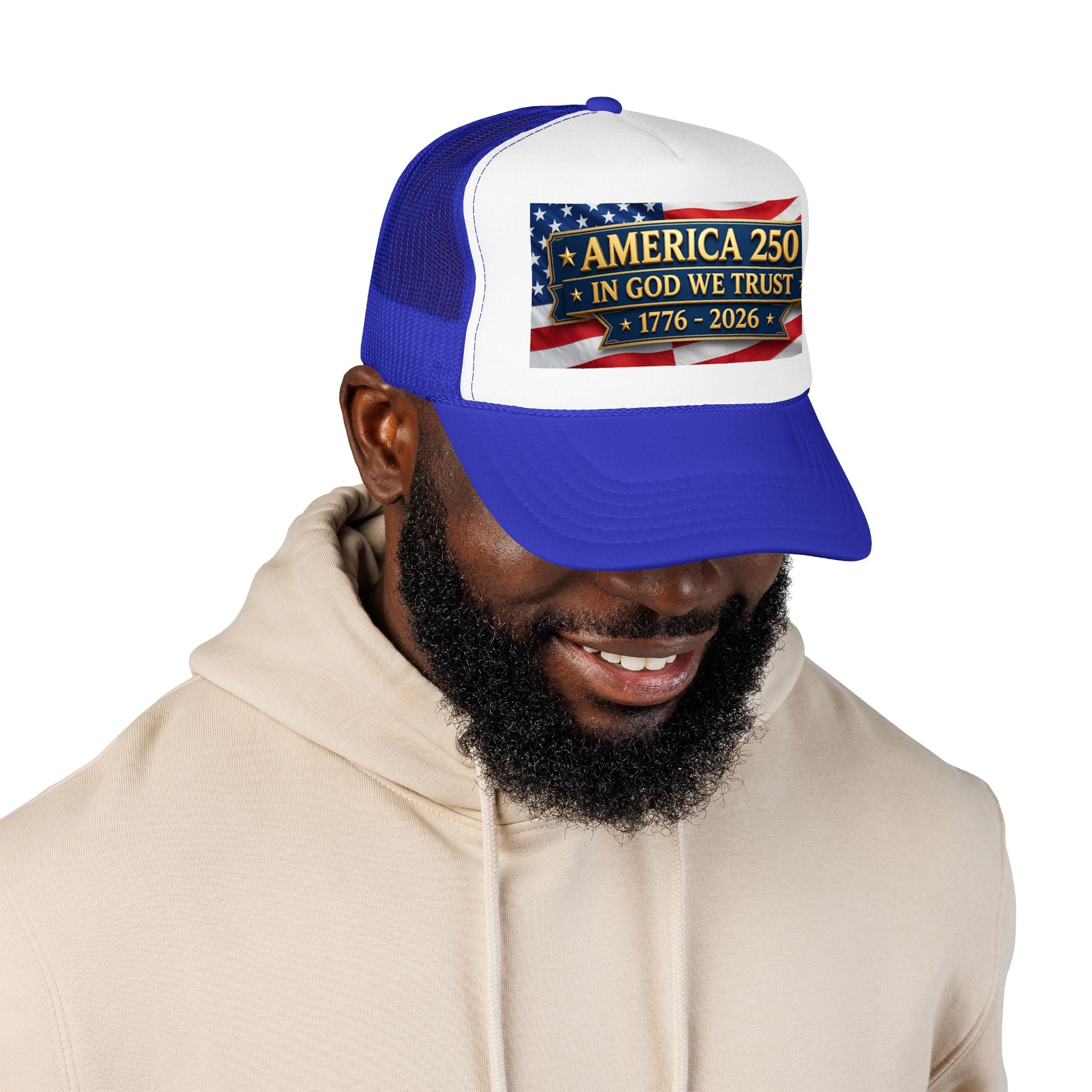 Trucker Hat — Multiple Colors “America 250 • In God We Trust • 1776–2026” Patriotic Flag Foam Cap