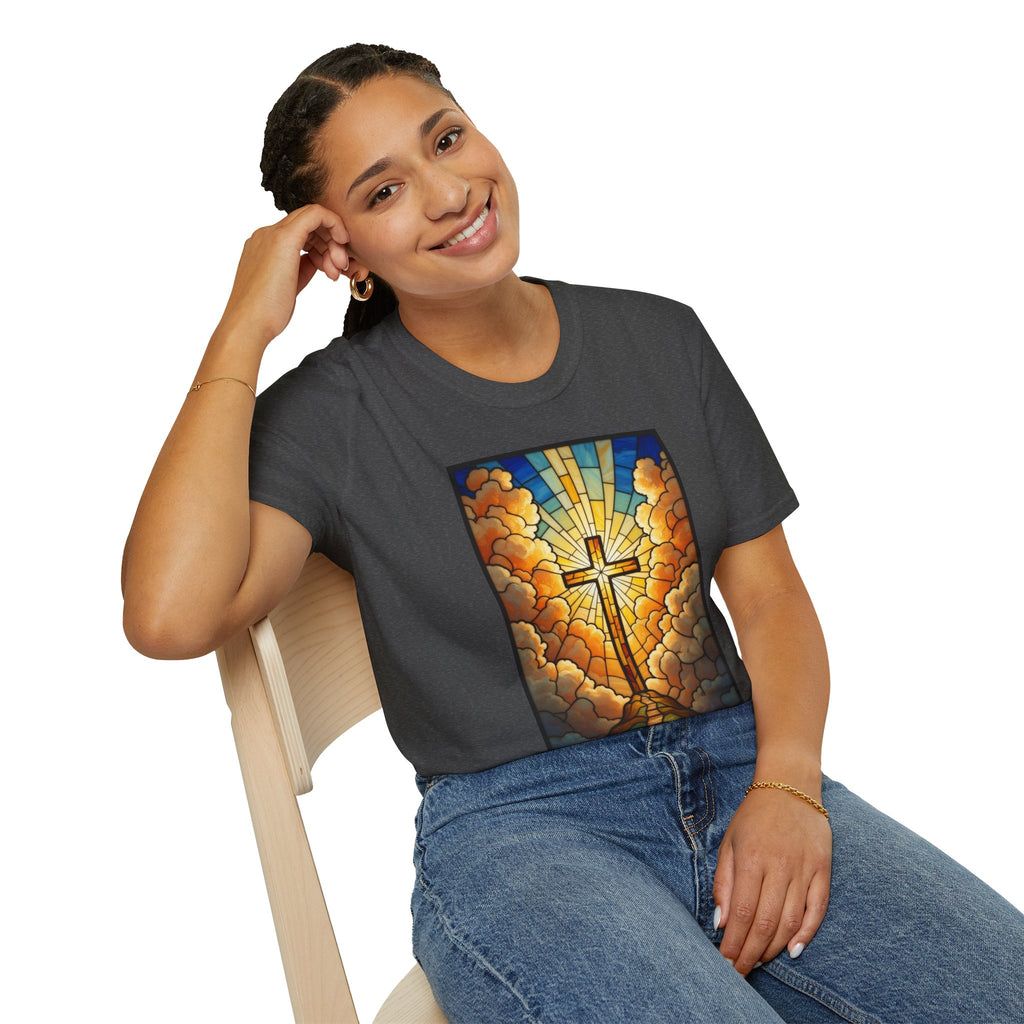 Christian Cross T-Shirt — Stained Glass Sunrise Faith Tee