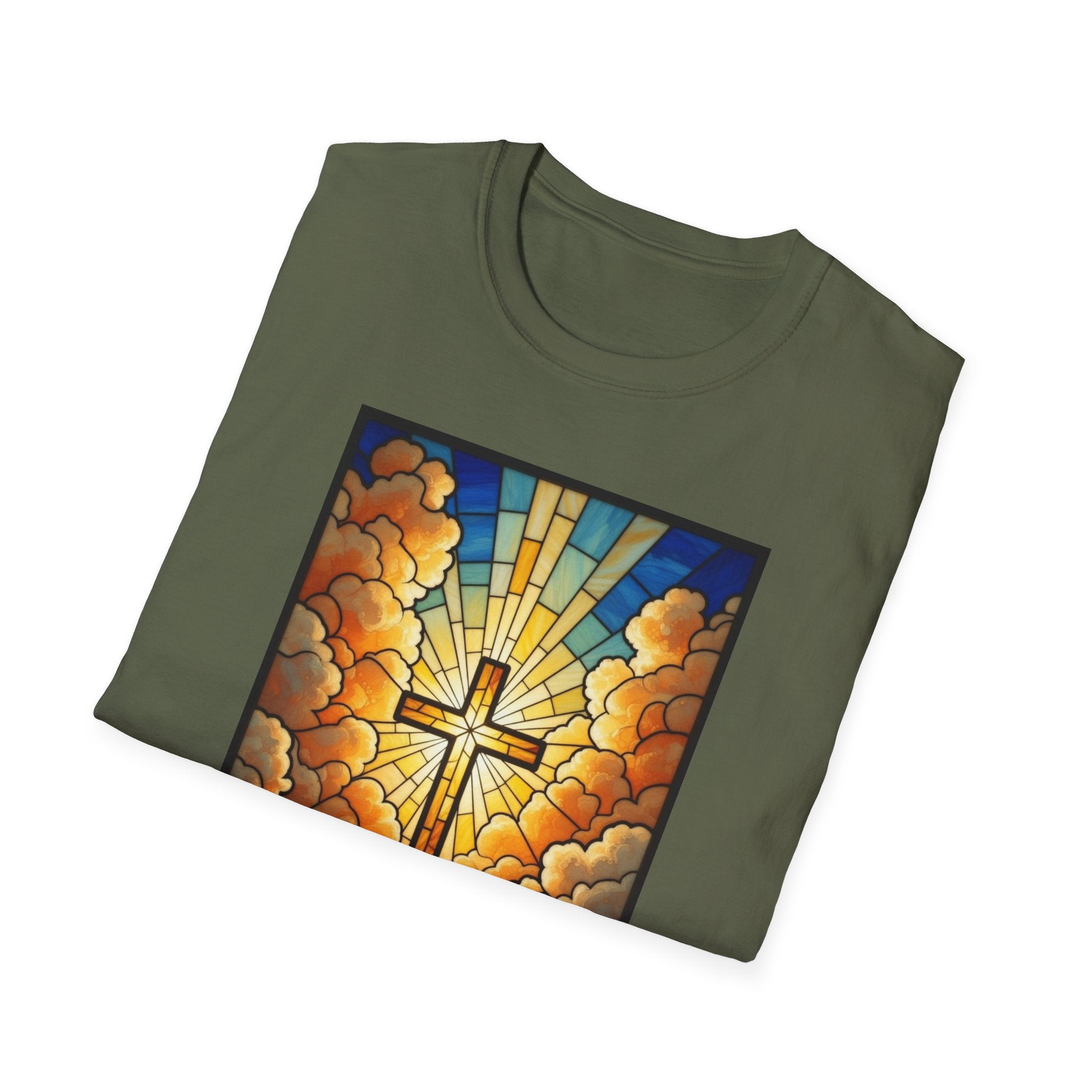 Christian Cross T-Shirt — Stained Glass Sunrise Faith Tee
