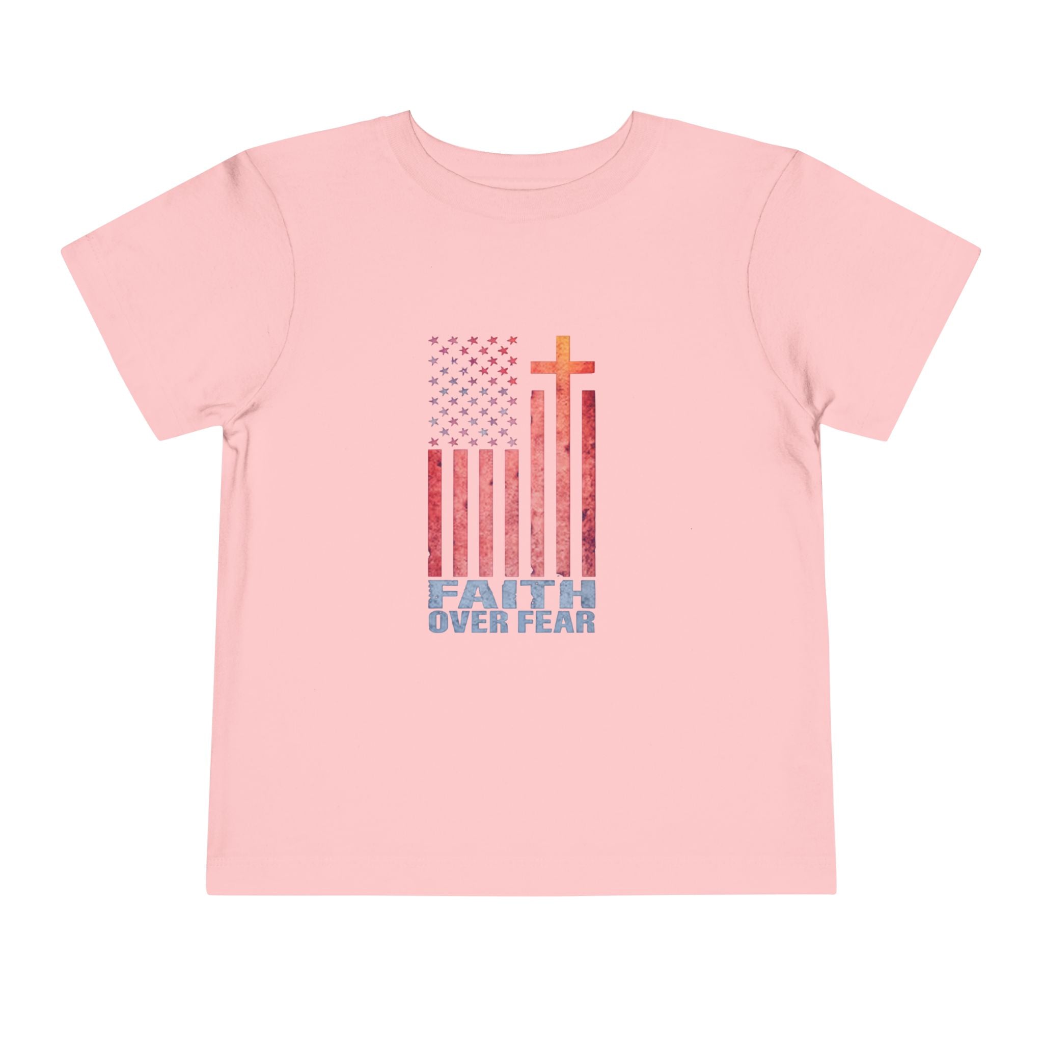 Toddler Tee — "Faith Over Fear" American Flag Cross Graphic