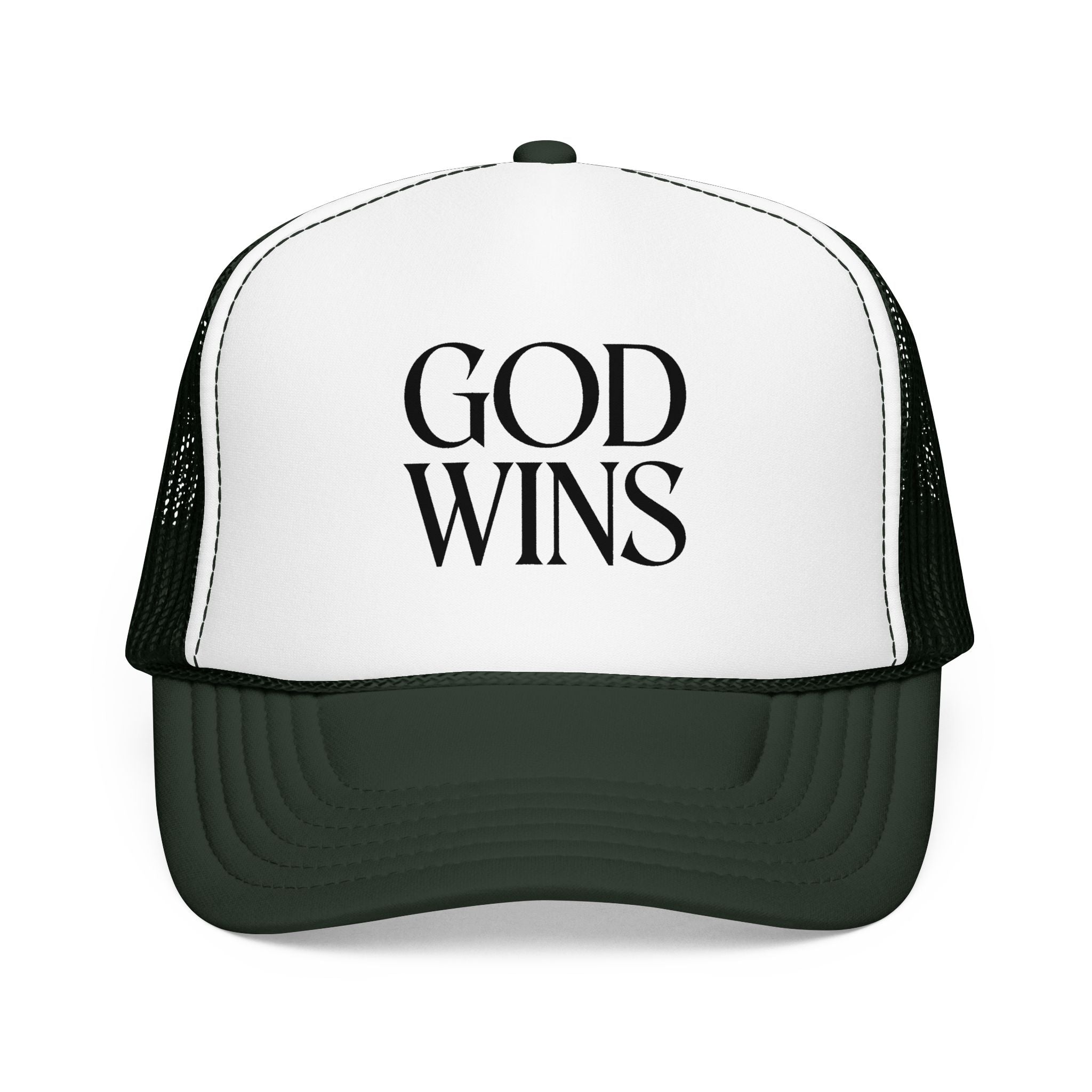 God Wins Trucker Hat — Christian Message Foam Mesh Cap
