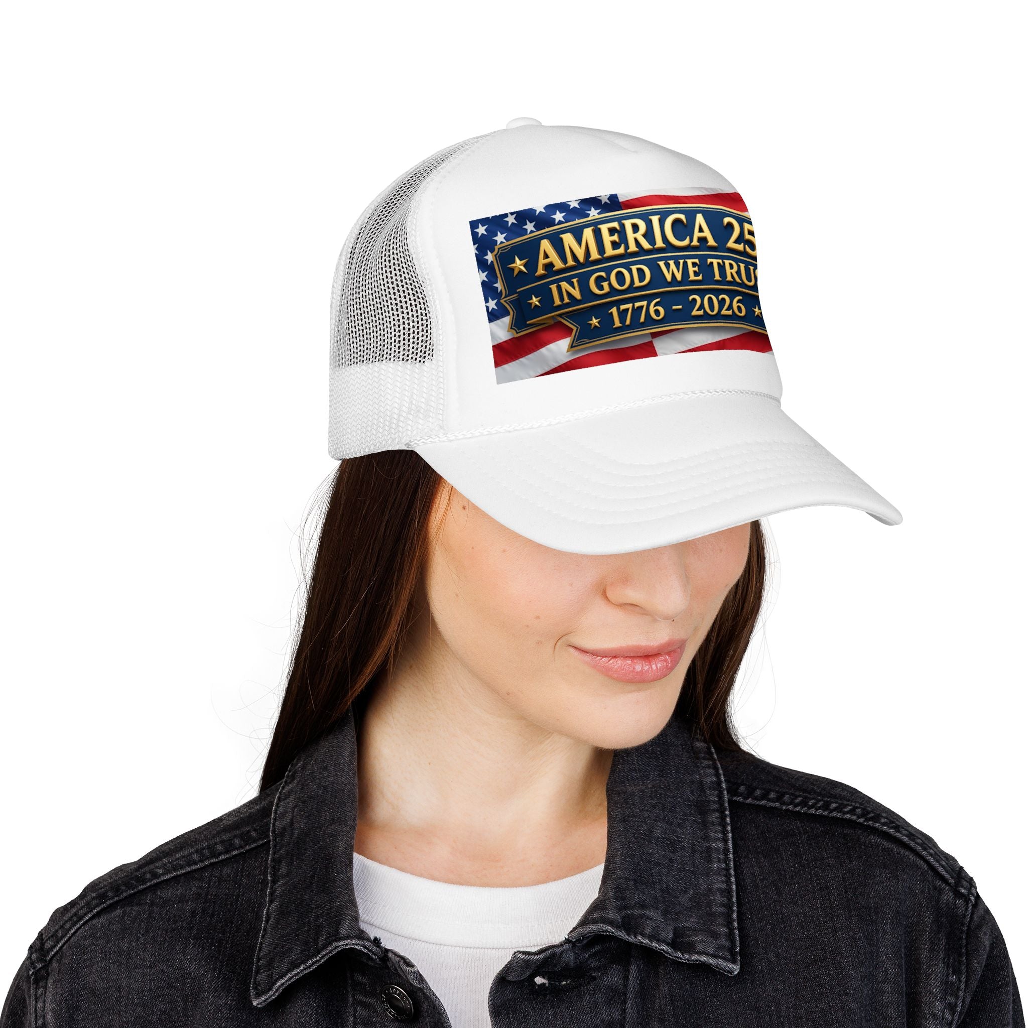 Trucker Hat — Multiple Colors “America 250 • In God We Trust • 1776–2026” Patriotic Flag Foam Cap