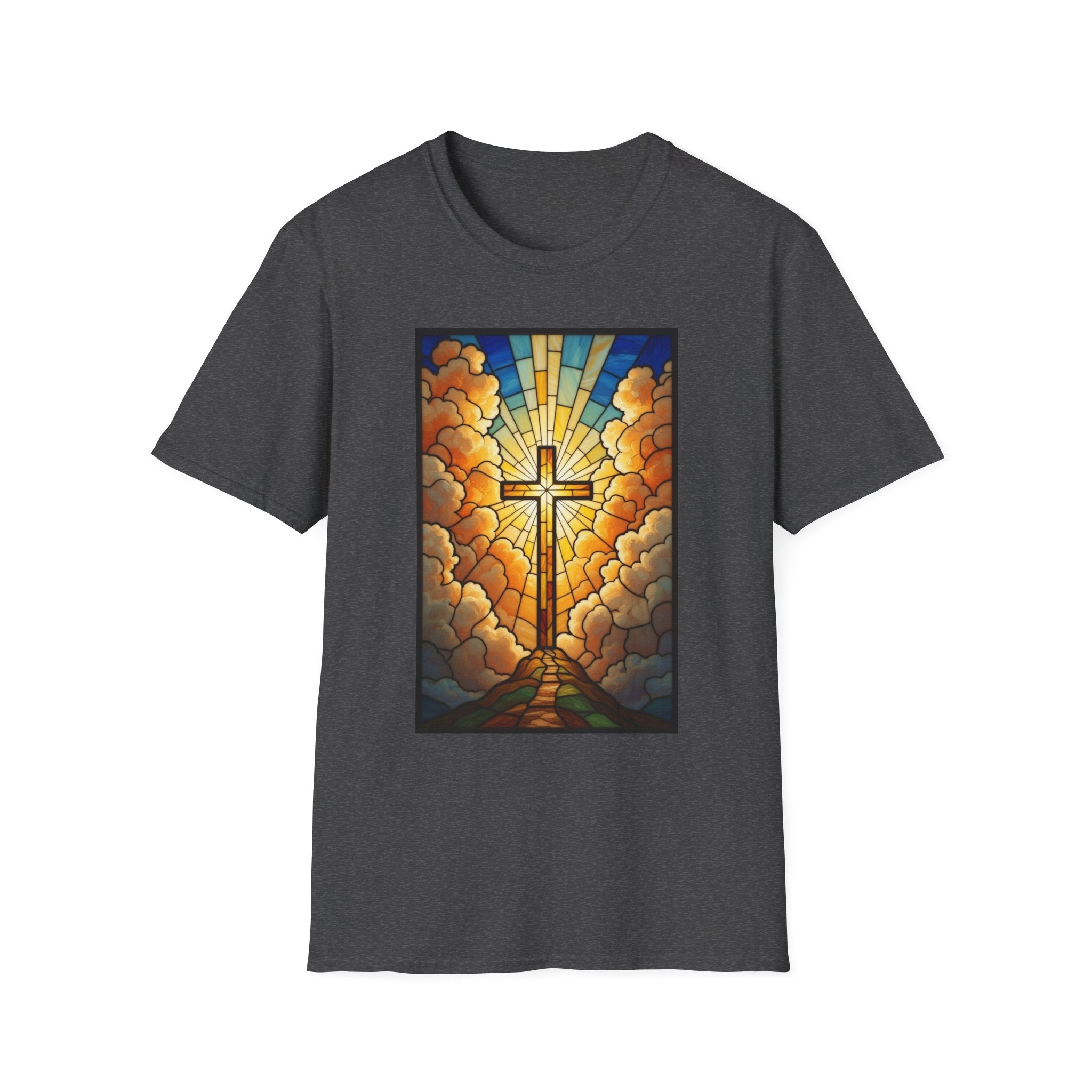 Christian Cross T-Shirt — Stained Glass Sunrise Faith Tee