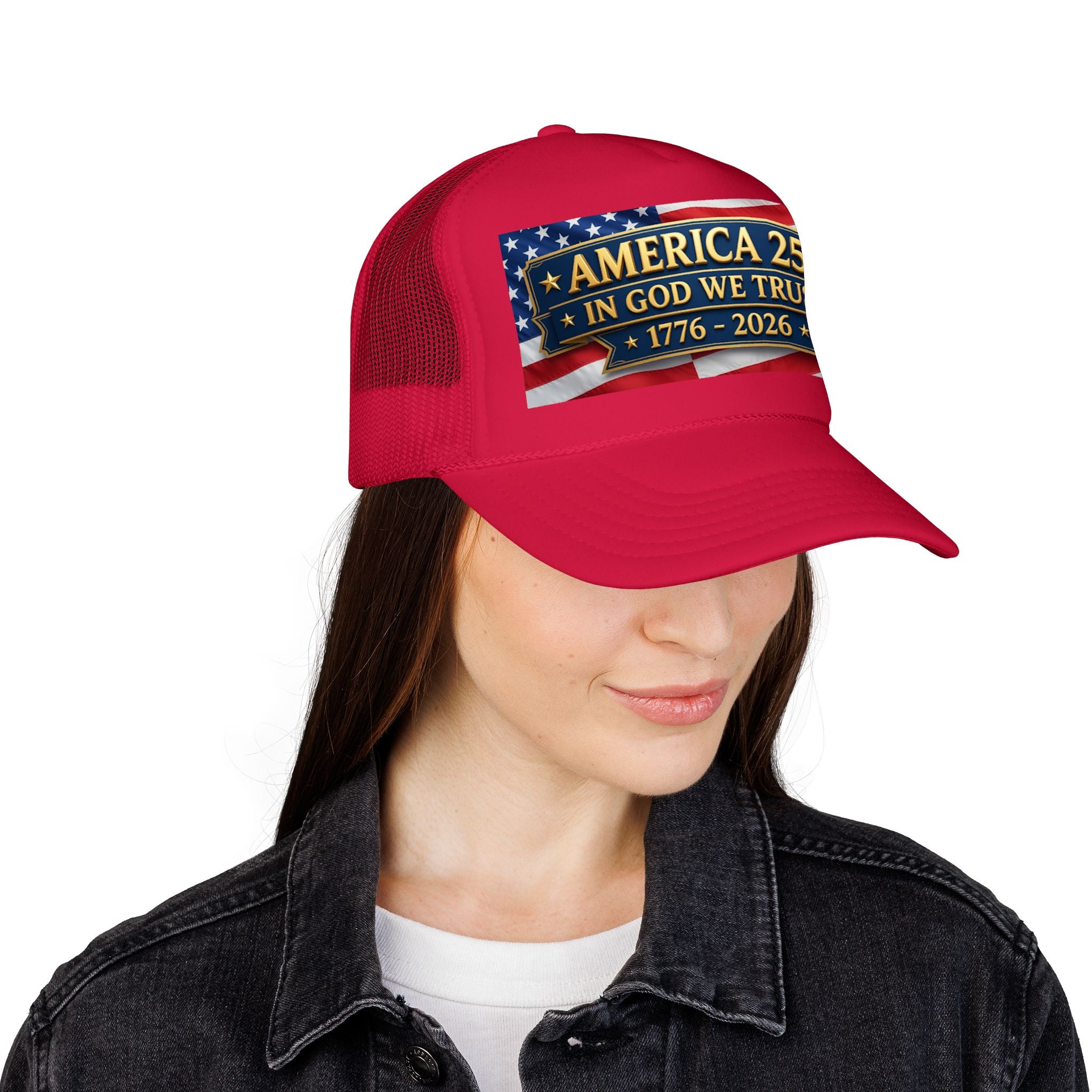 Trucker Hat — Multiple Colors “America 250 • In God We Trust • 1776–2026” Patriotic Flag Foam Cap