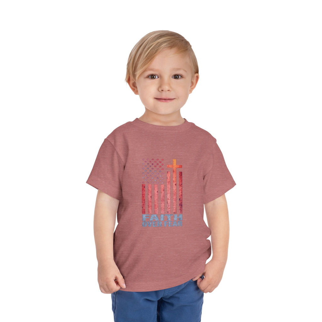Toddler Tee — "Faith Over Fear" American Flag Cross Graphic