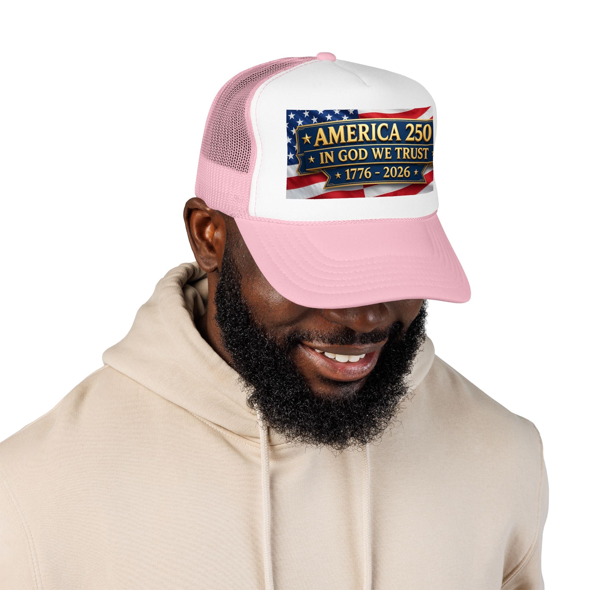 Trucker Hat — Multiple Colors “America 250 • In God We Trust • 1776–2026” Patriotic Flag Foam Cap