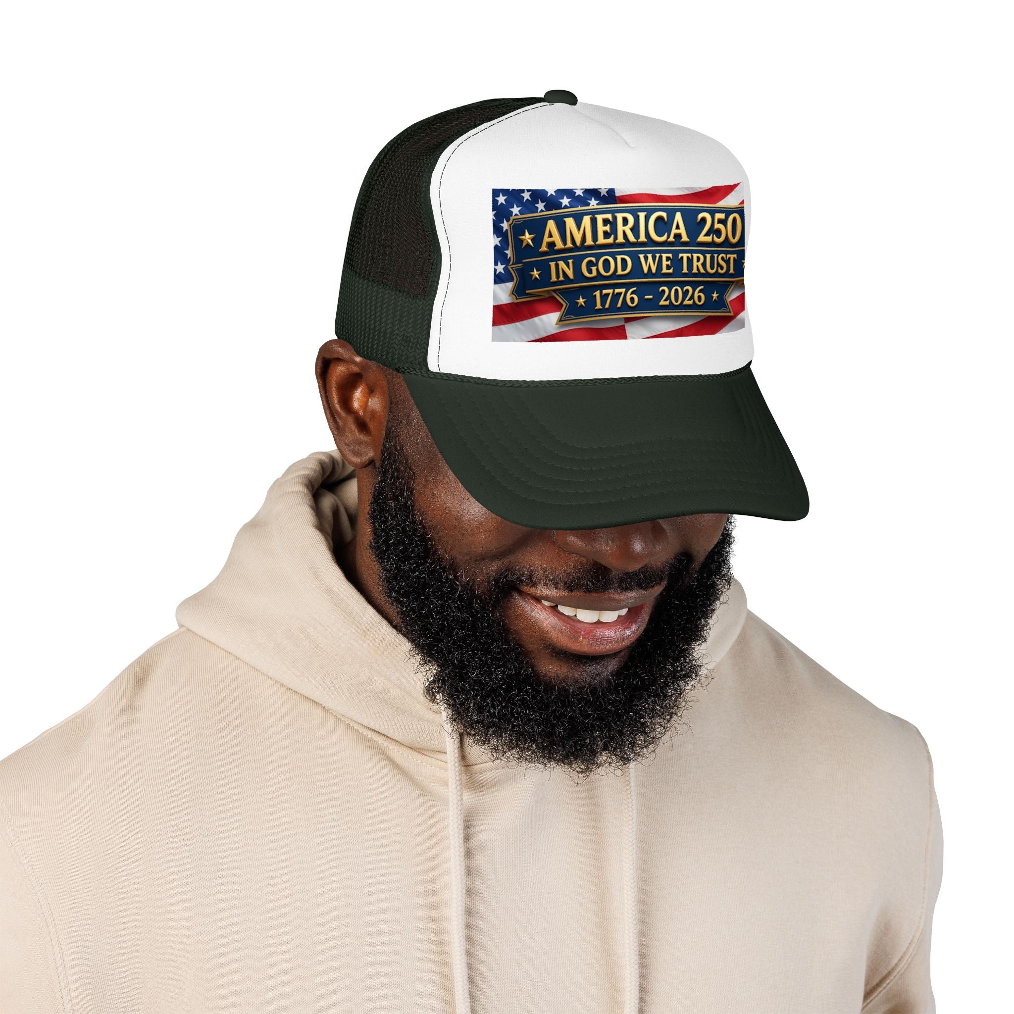 Trucker Hat — Multiple Colors “America 250 • In God We Trust • 1776–2026” Patriotic Flag Foam Cap