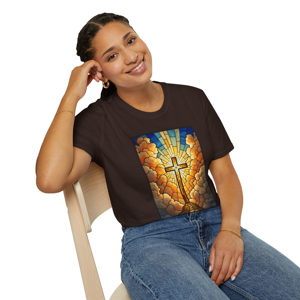 Christian Cross T-Shirt — Stained Glass Sunrise Faith Tee