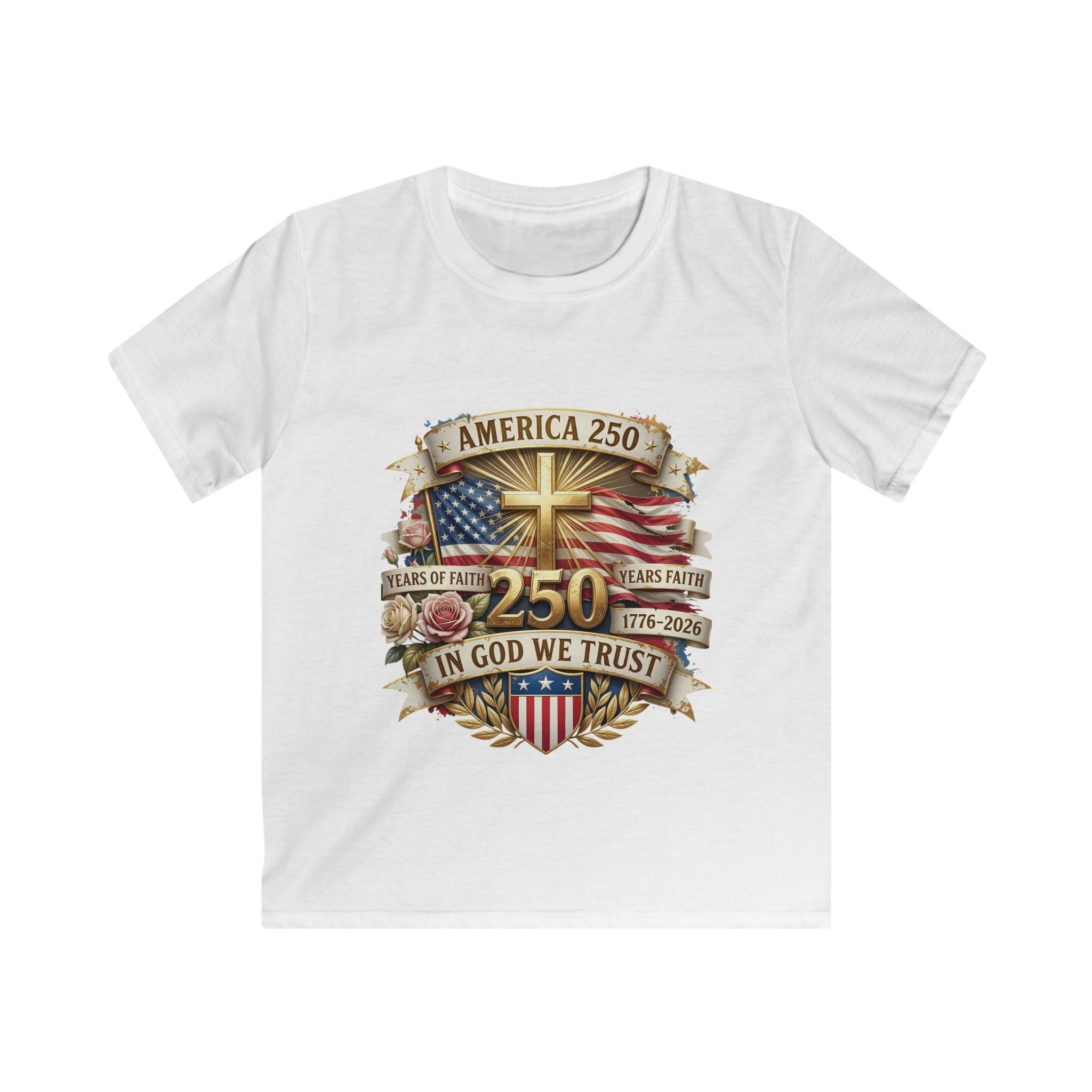 Kids Tee — America 250 Patriotic "In God We Trust" 1776–2026 Flag Emblem