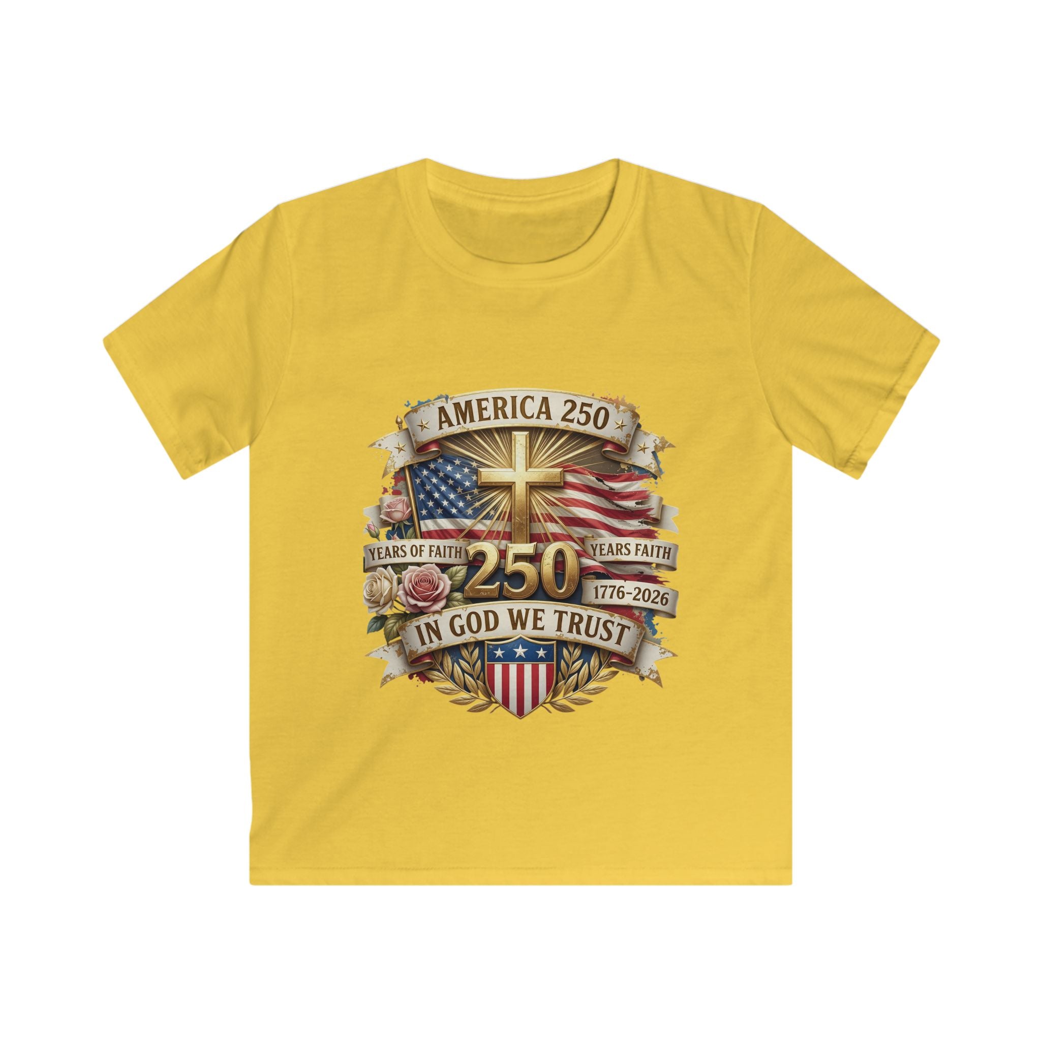 Kids Tee — America 250 Patriotic "In God We Trust" 1776–2026 Flag Emblem