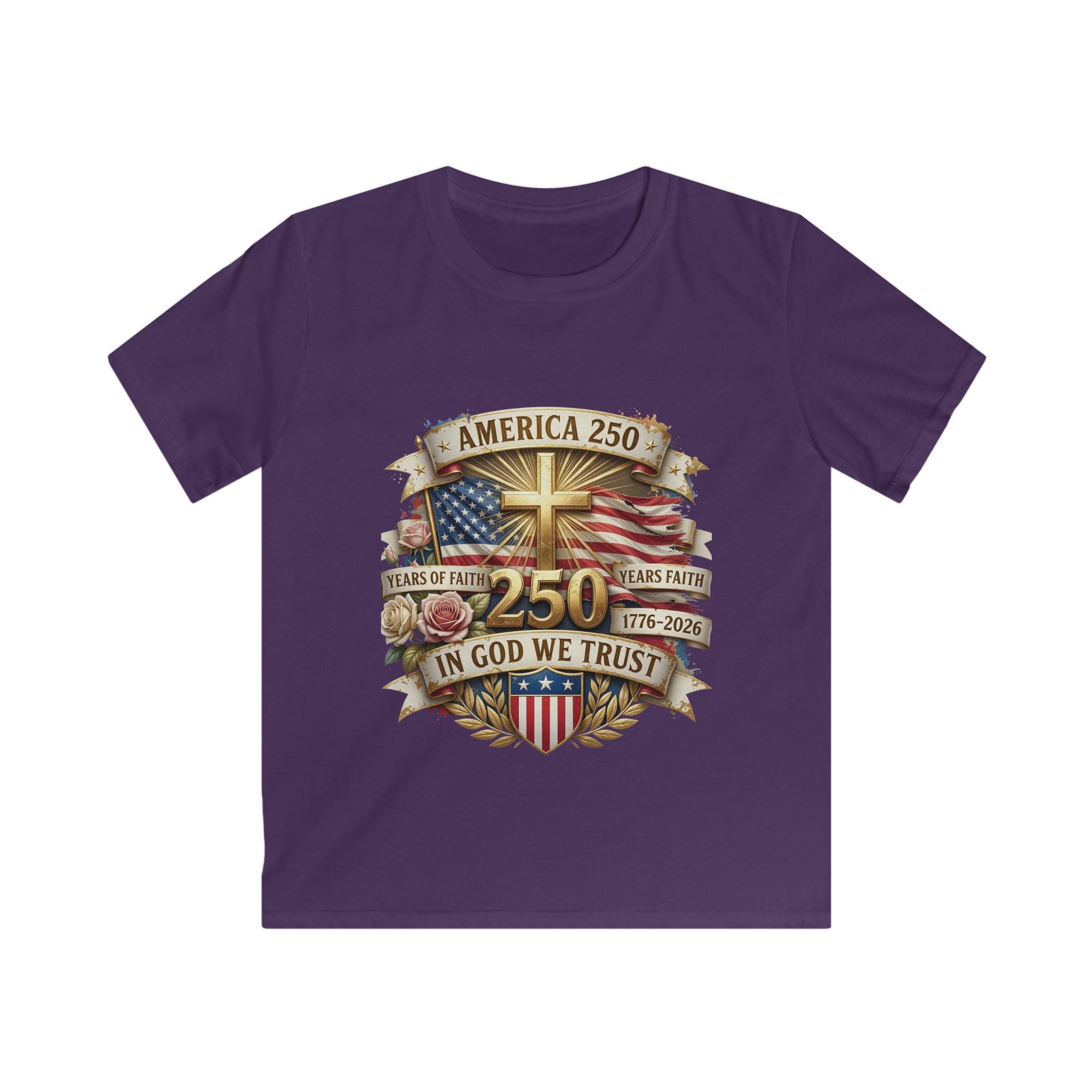 Kids Tee — America 250 Patriotic "In God We Trust" 1776–2026 Flag Emblem