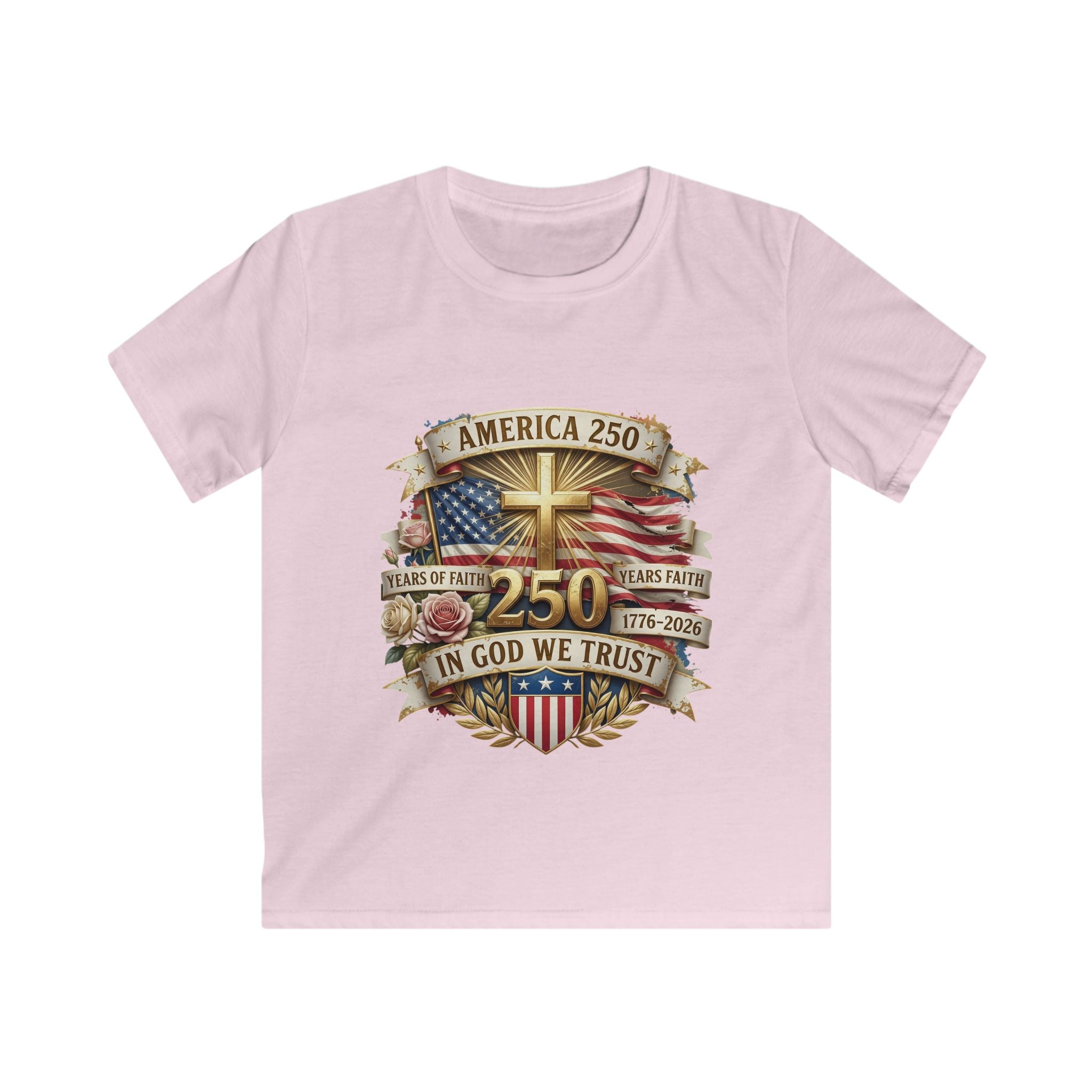 Kids Tee — America 250 Patriotic "In God We Trust" 1776–2026 Flag Emblem