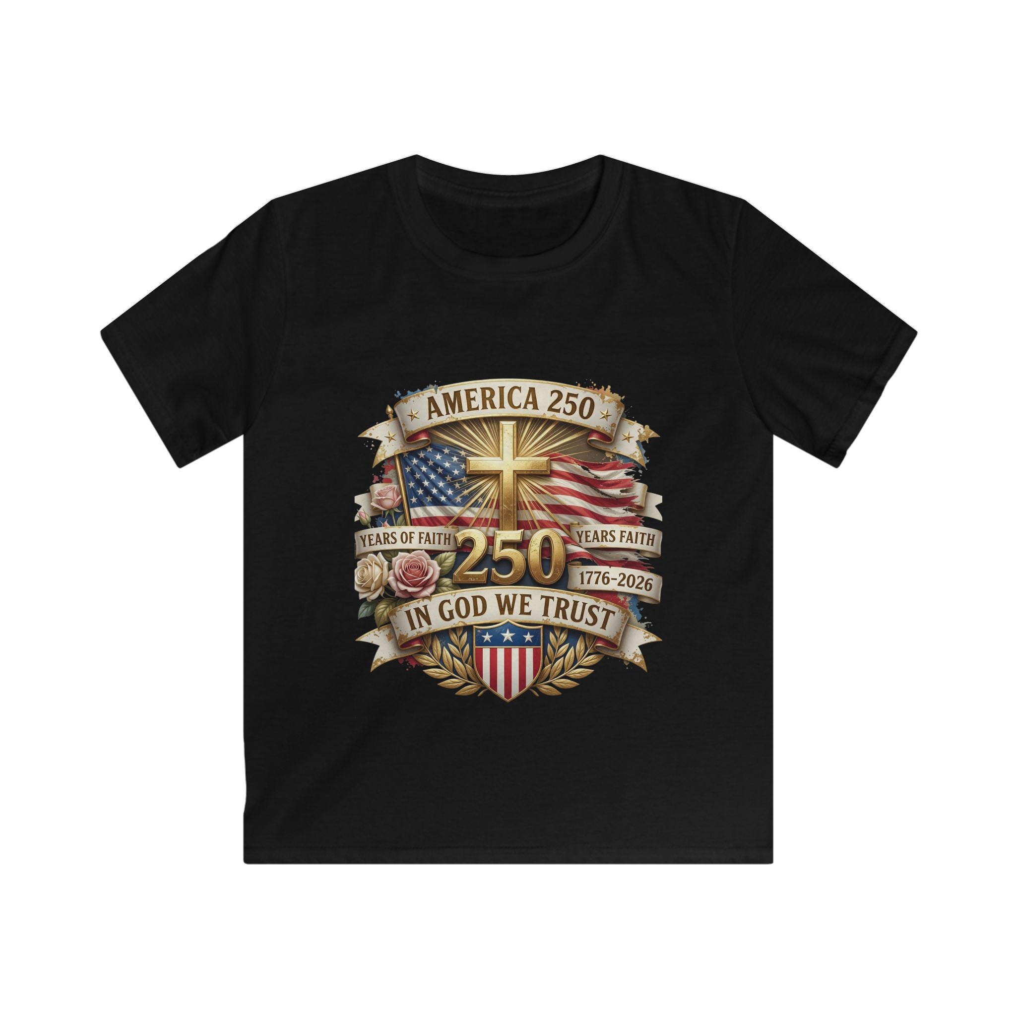 Kids Tee — America 250 Patriotic "In God We Trust" 1776–2026 Flag Emblem