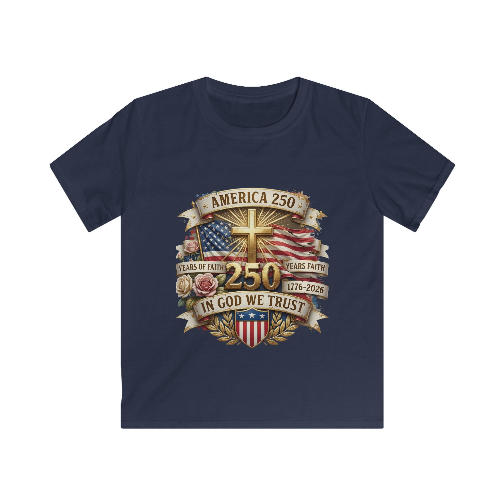 Kids Tee — America 250 Patriotic "In God We Trust" 1776–2026 Flag Emblem