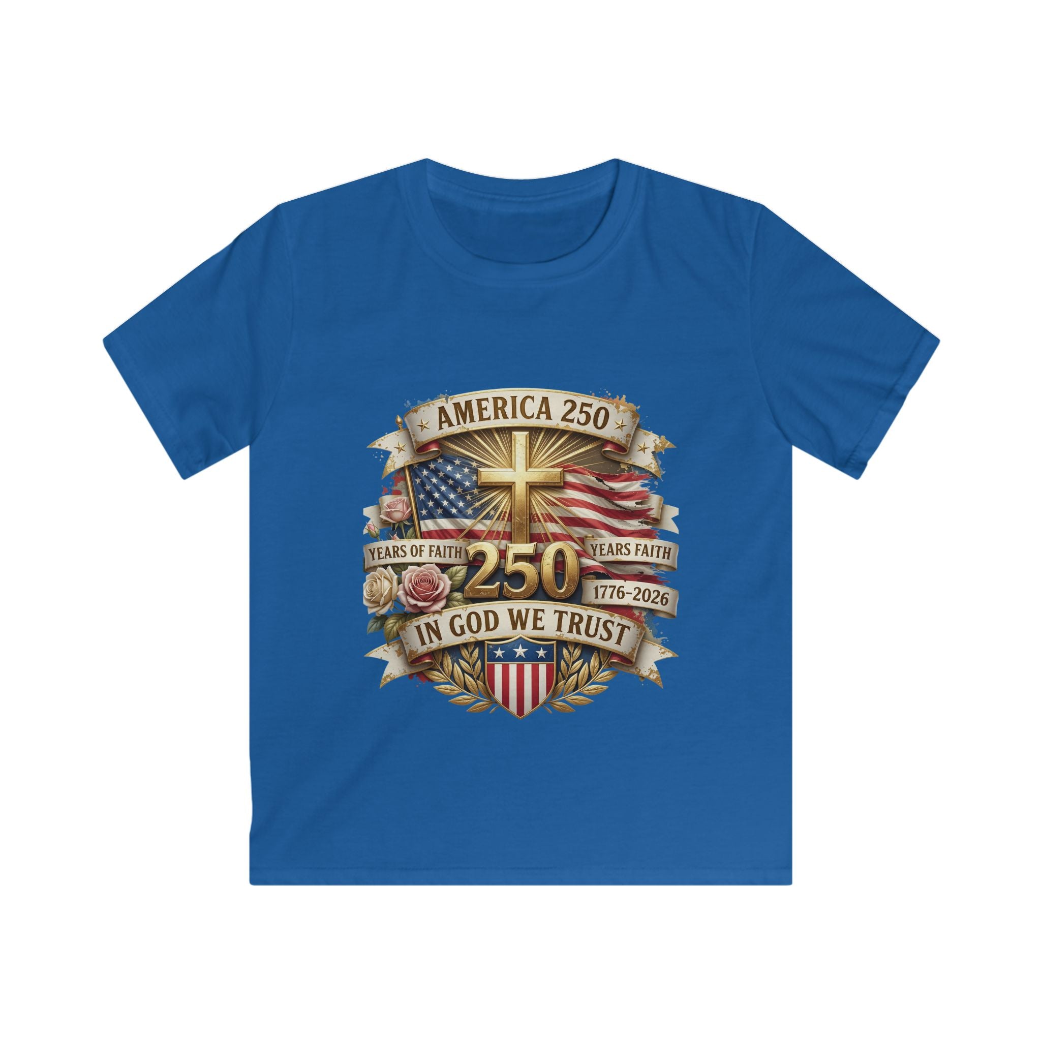 Kids Tee — America 250 Patriotic "In God We Trust" 1776–2026 Flag Emblem
