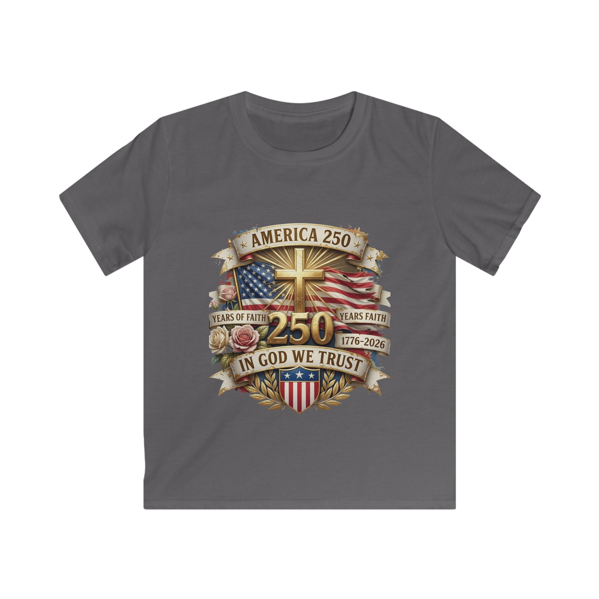 Kids Tee — America 250 Patriotic "In God We Trust" 1776–2026 Flag Emblem