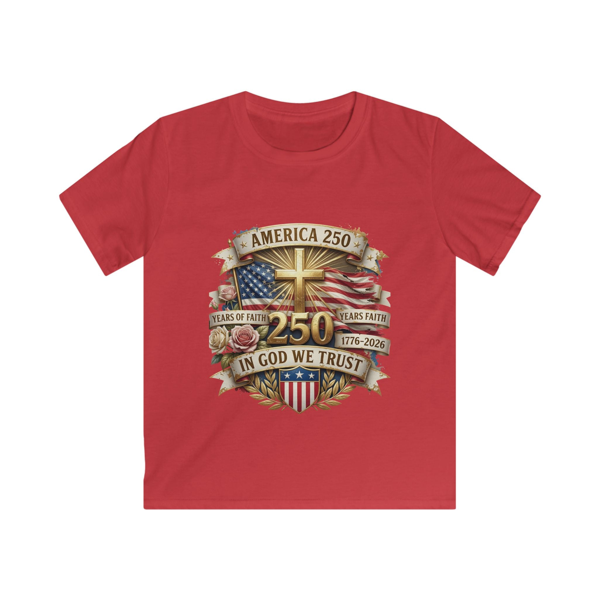 Kids Tee — America 250 Patriotic "In God We Trust" 1776–2026 Flag Emblem