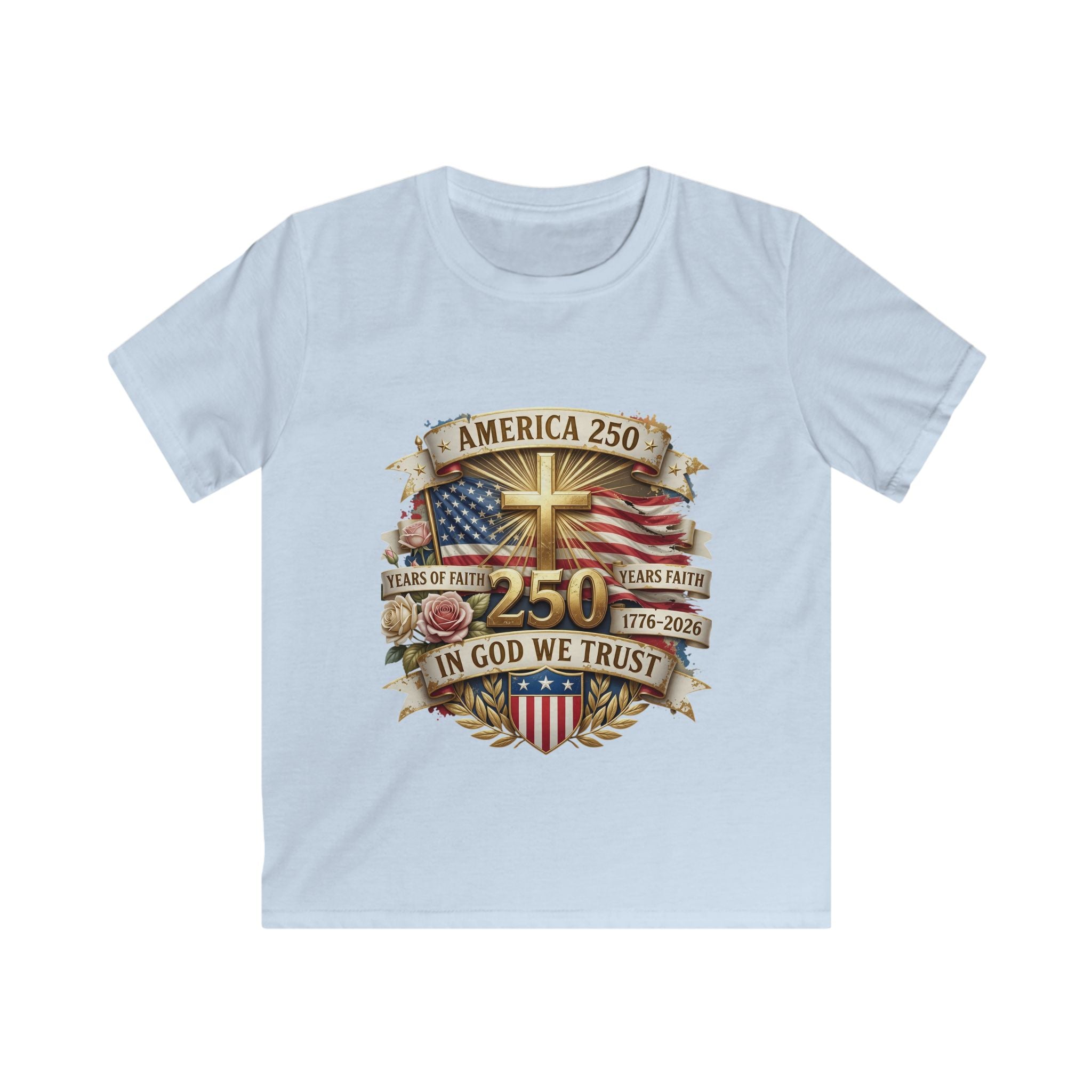 Kids Tee — America 250 Patriotic "In God We Trust" 1776–2026 Flag Emblem