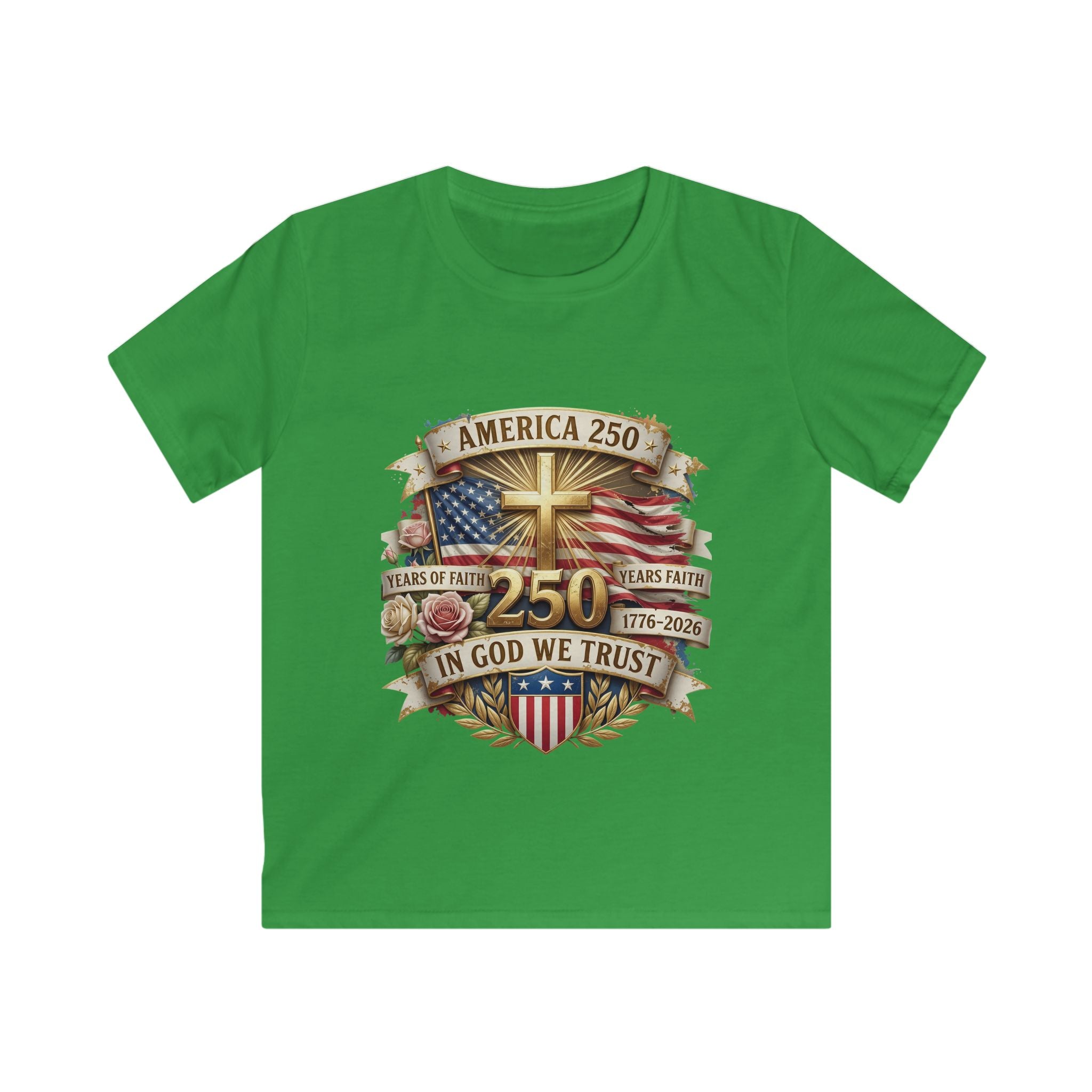 Kids Tee — America 250 Patriotic "In God We Trust" 1776–2026 Flag Emblem