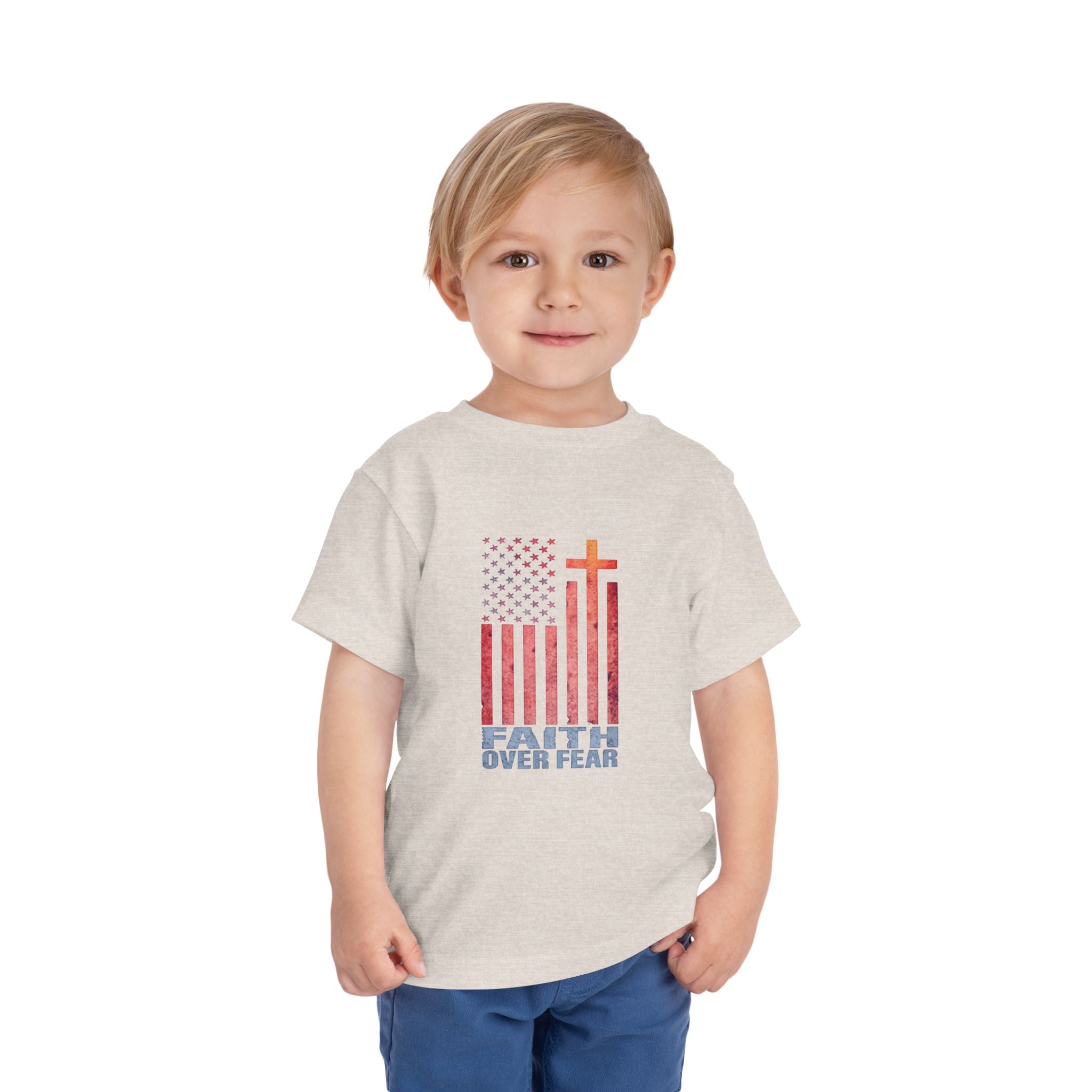Toddler Tee — "Faith Over Fear" American Flag Cross Graphic