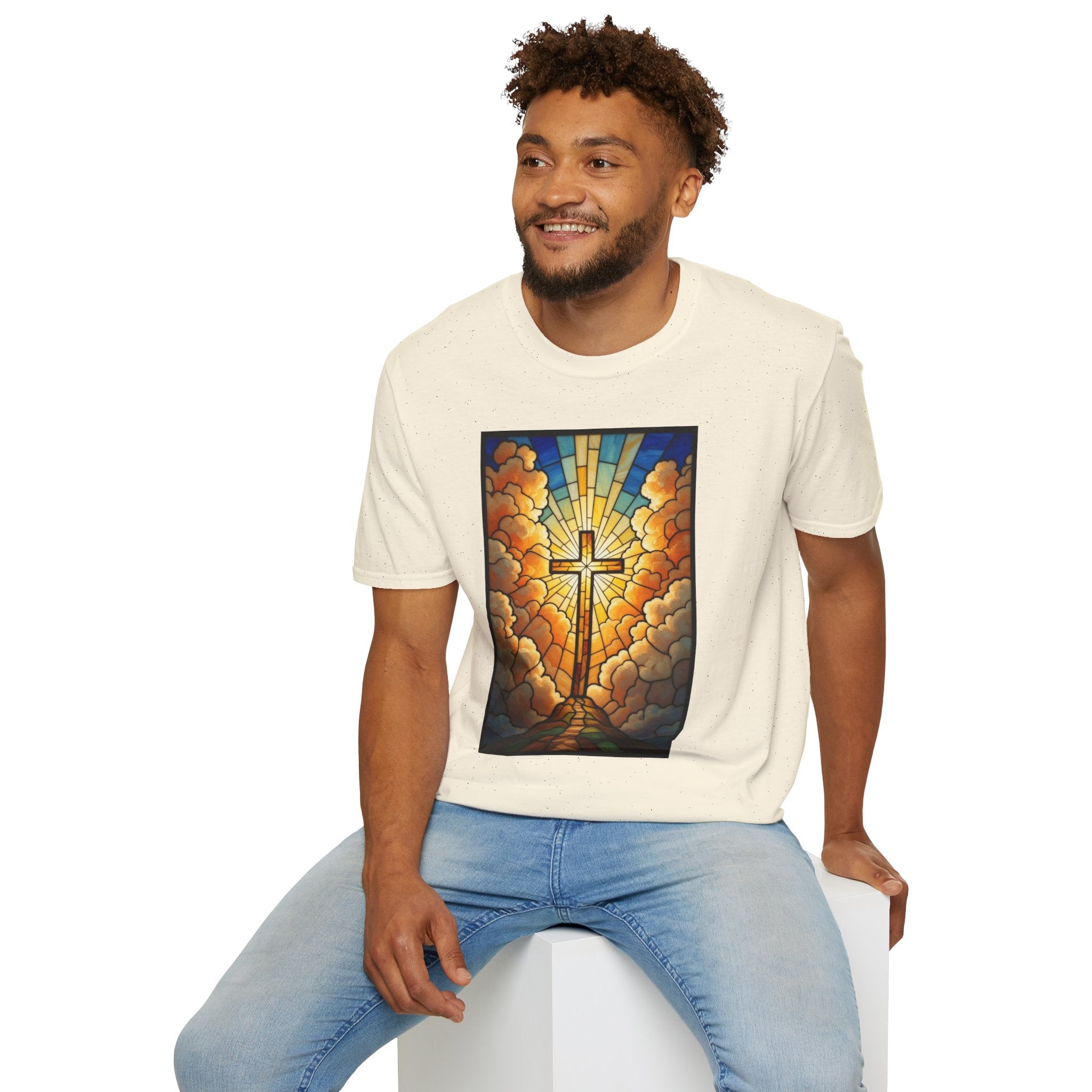 Christian Cross T-Shirt — Stained Glass Sunrise Faith Tee