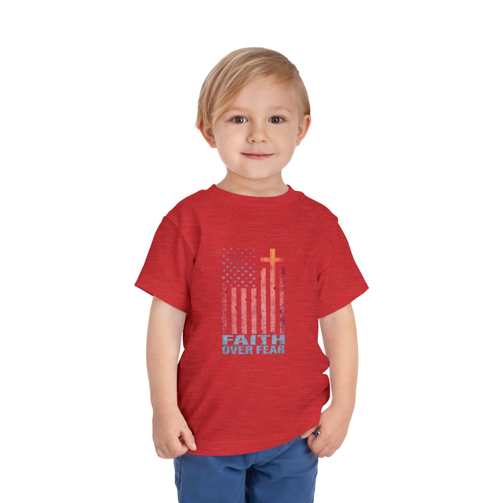 Toddler Tee — "Faith Over Fear" American Flag Cross Graphic