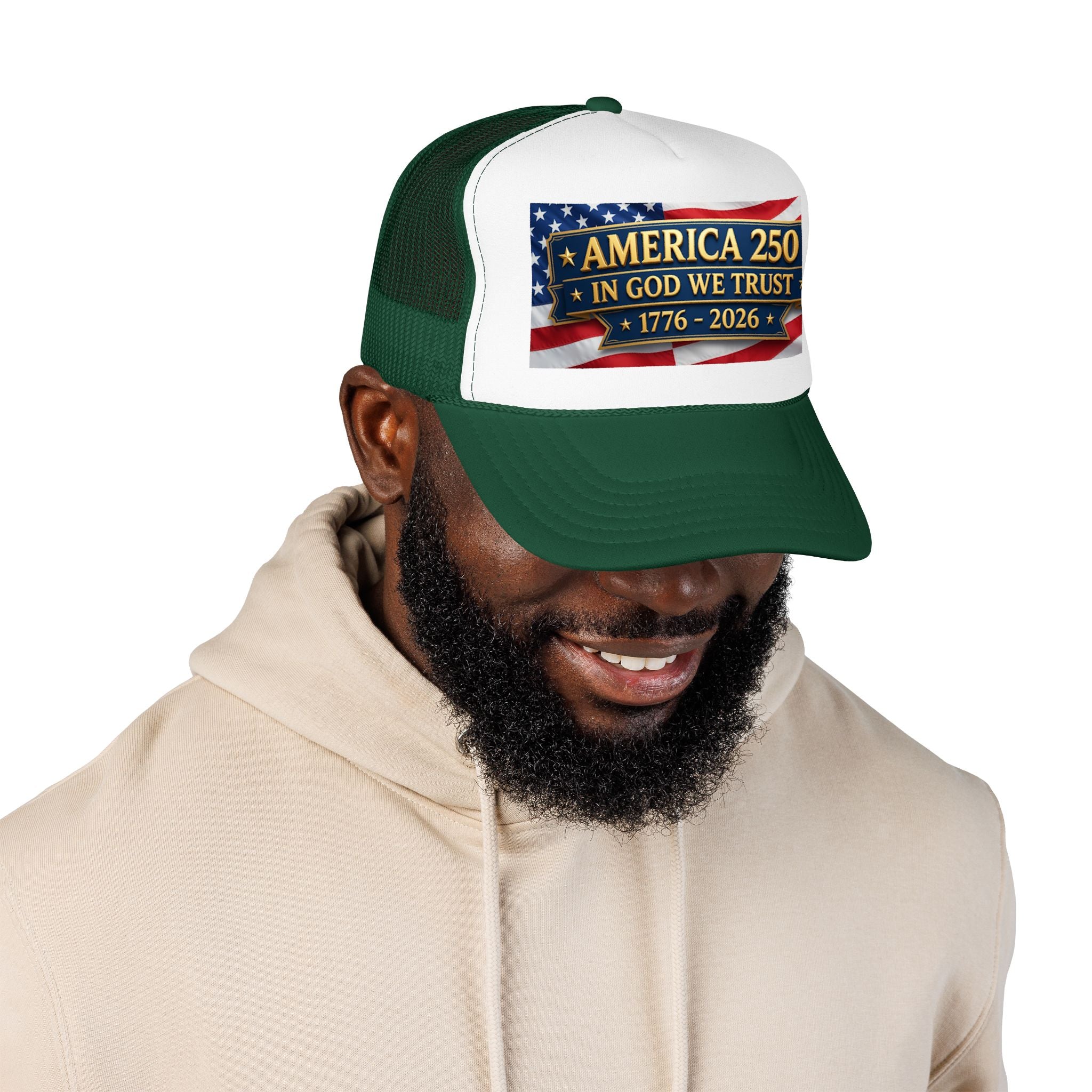 Trucker Hat — Multiple Colors “America 250 • In God We Trust • 1776–2026” Patriotic Flag Foam Cap