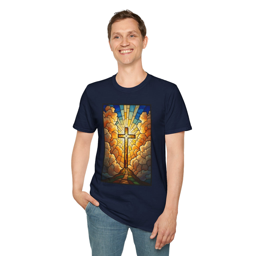 Christian Cross T-Shirt — Stained Glass Sunrise Faith Tee
