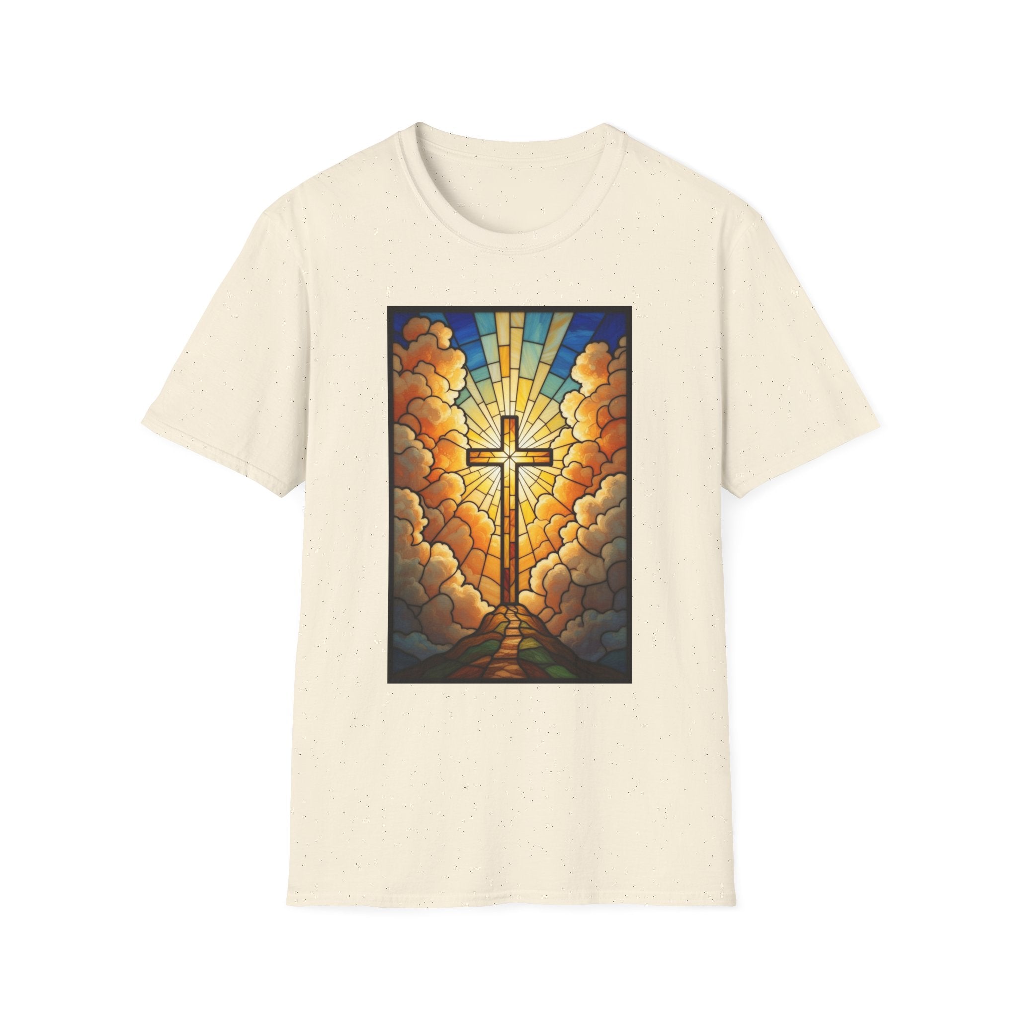 Christian Cross T-Shirt — Stained Glass Sunrise Faith Tee