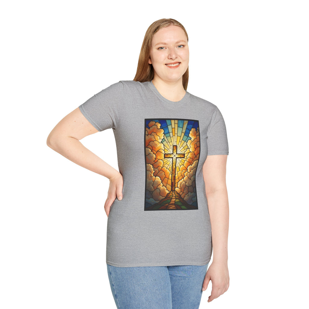 Christian Cross T-Shirt — Stained Glass Sunrise Faith Tee