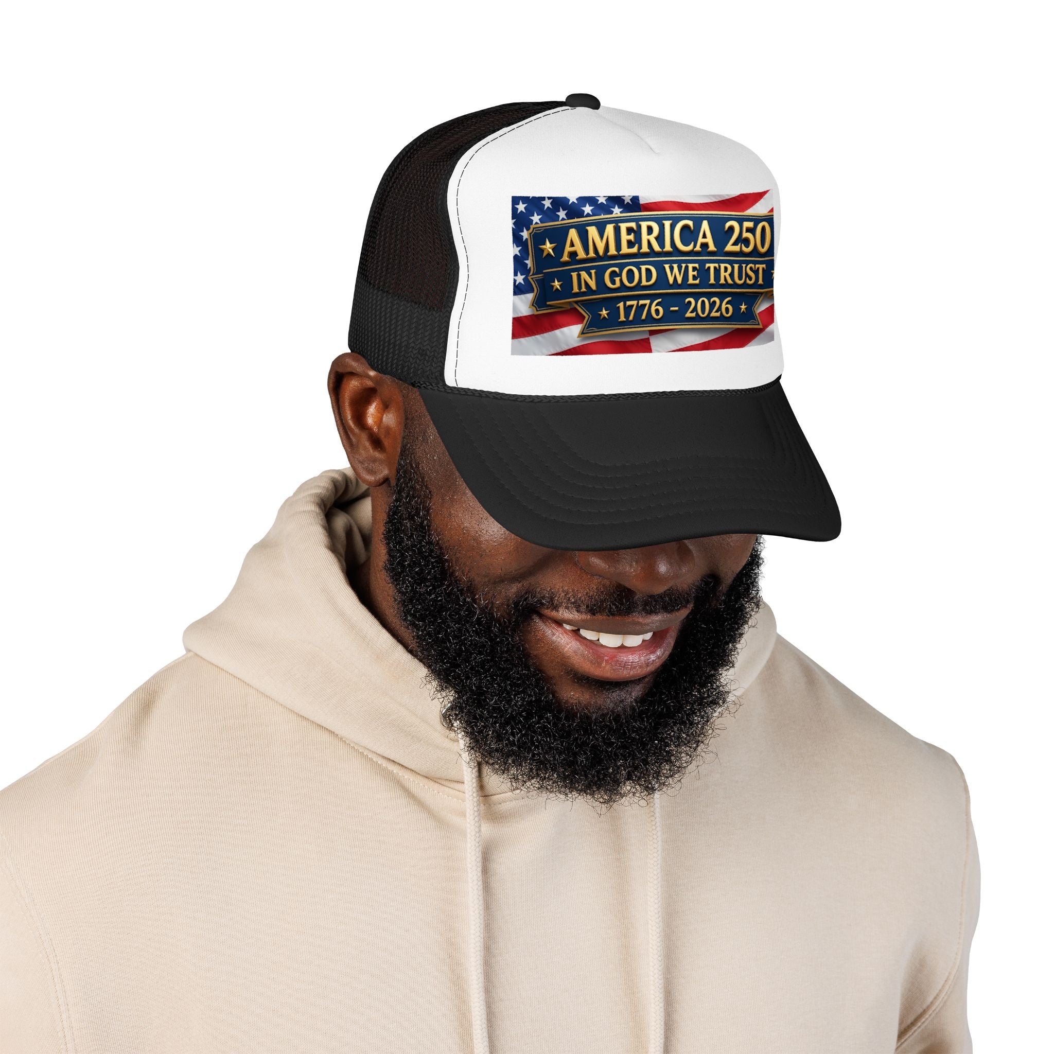 Trucker Hat — Multiple Colors “America 250 • In God We Trust • 1776–2026” Patriotic Flag Foam Cap