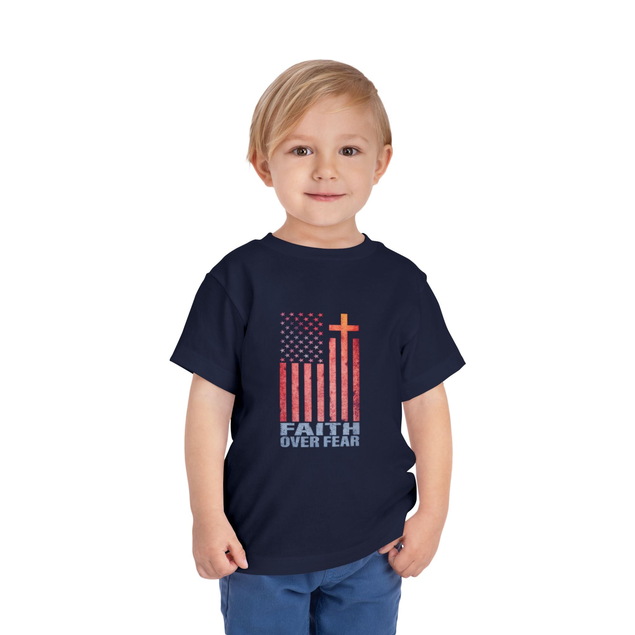 Toddler Tee — "Faith Over Fear" American Flag Cross Graphic