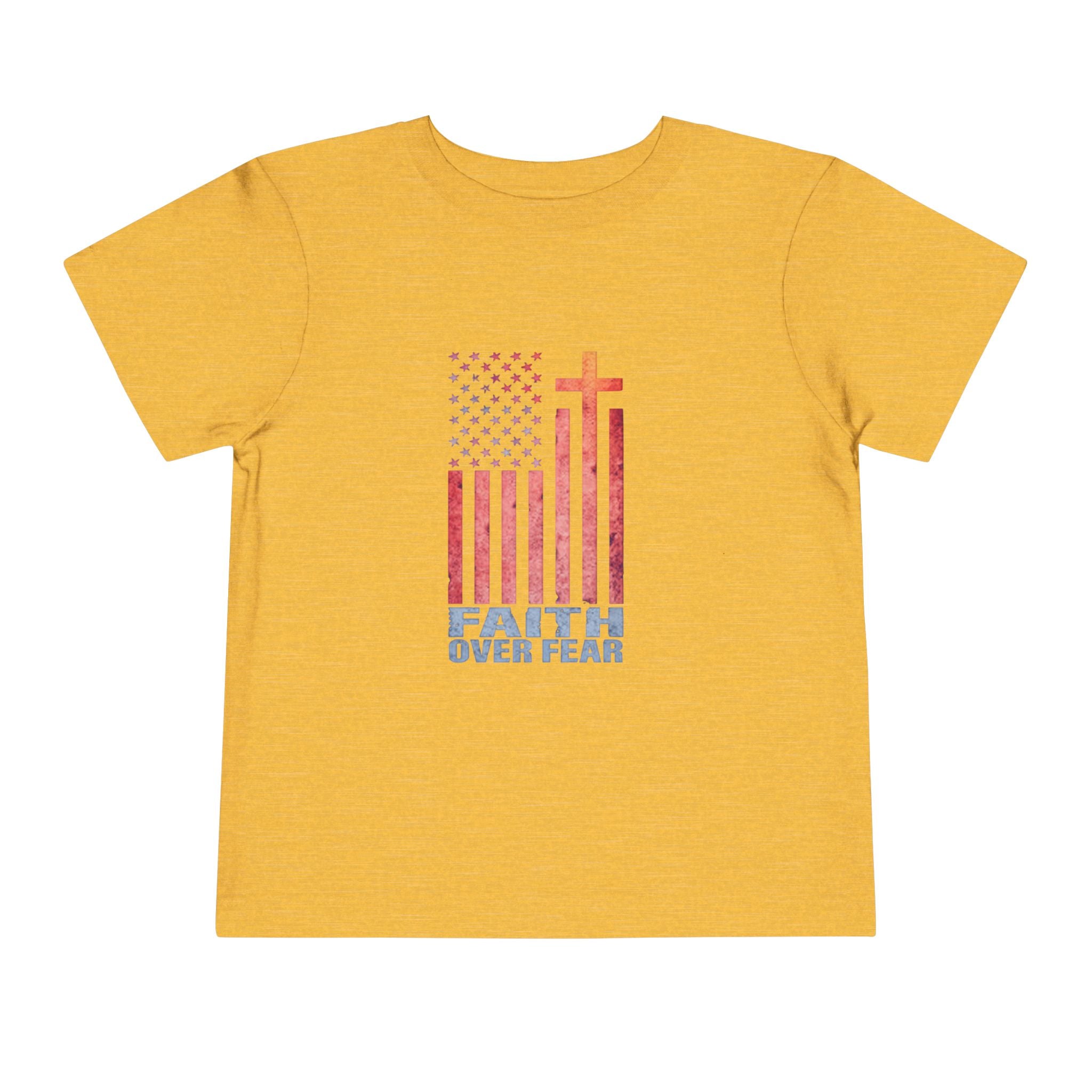 Toddler Tee — "Faith Over Fear" American Flag Cross Graphic