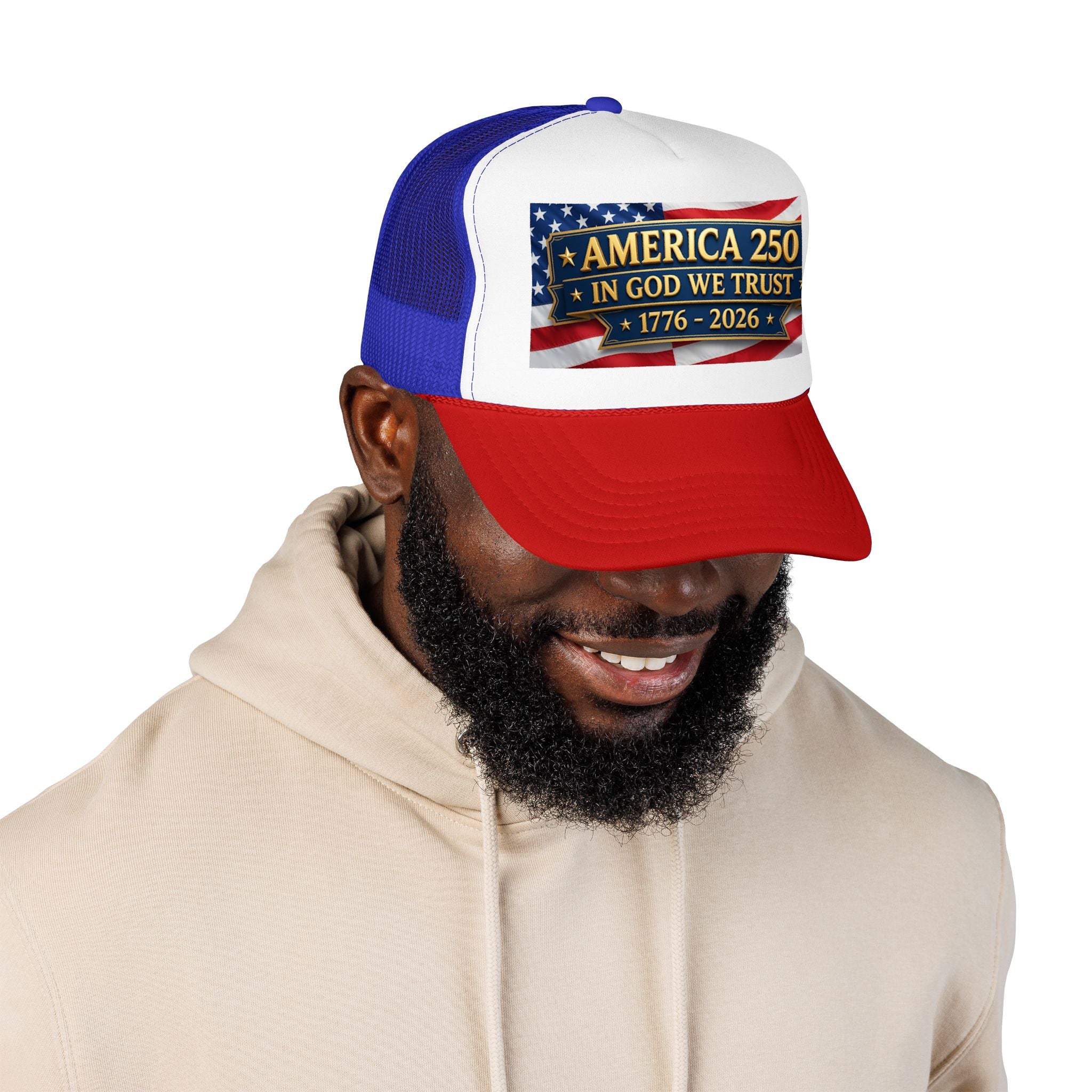 Trucker Hat — Multiple Colors “America 250 • In God We Trust • 1776–2026” Patriotic Flag Foam Cap