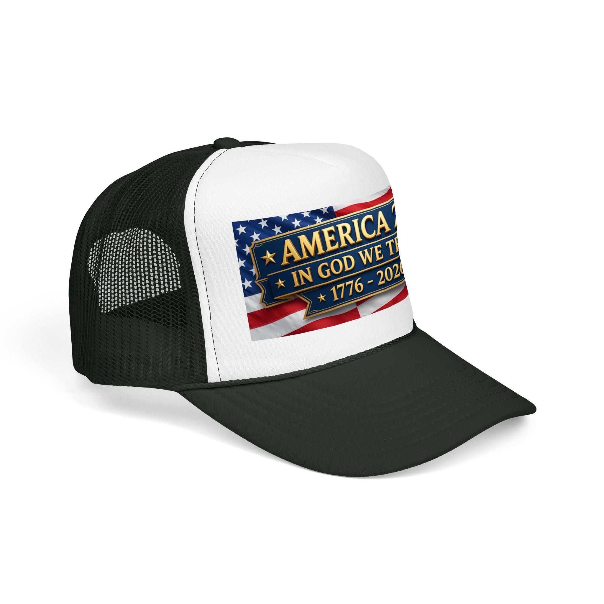 Trucker Hat — Multiple Colors “America 250 • In God We Trust • 1776–2026” Patriotic Flag Foam Cap