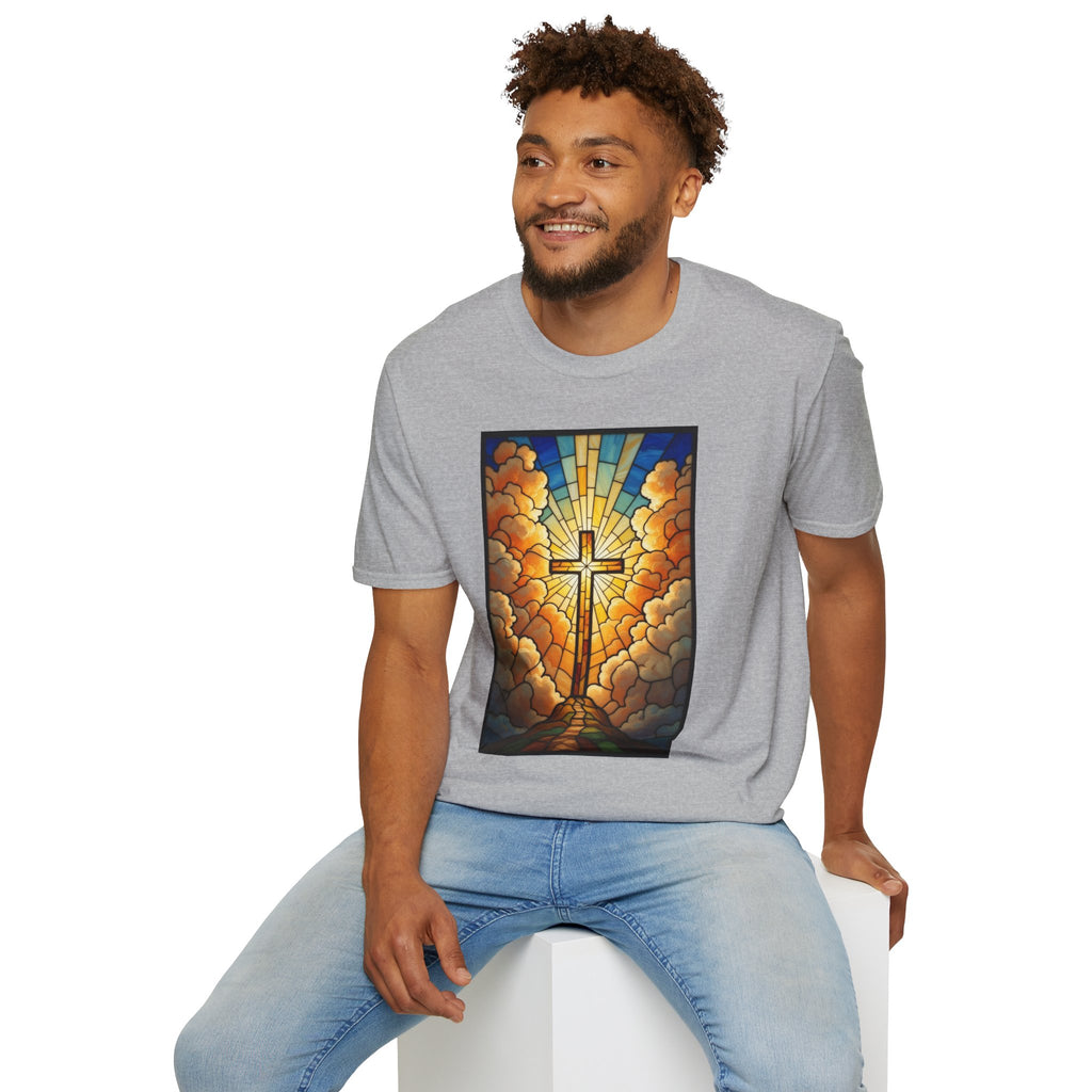 Christian Cross T-Shirt — Stained Glass Sunrise Faith Tee