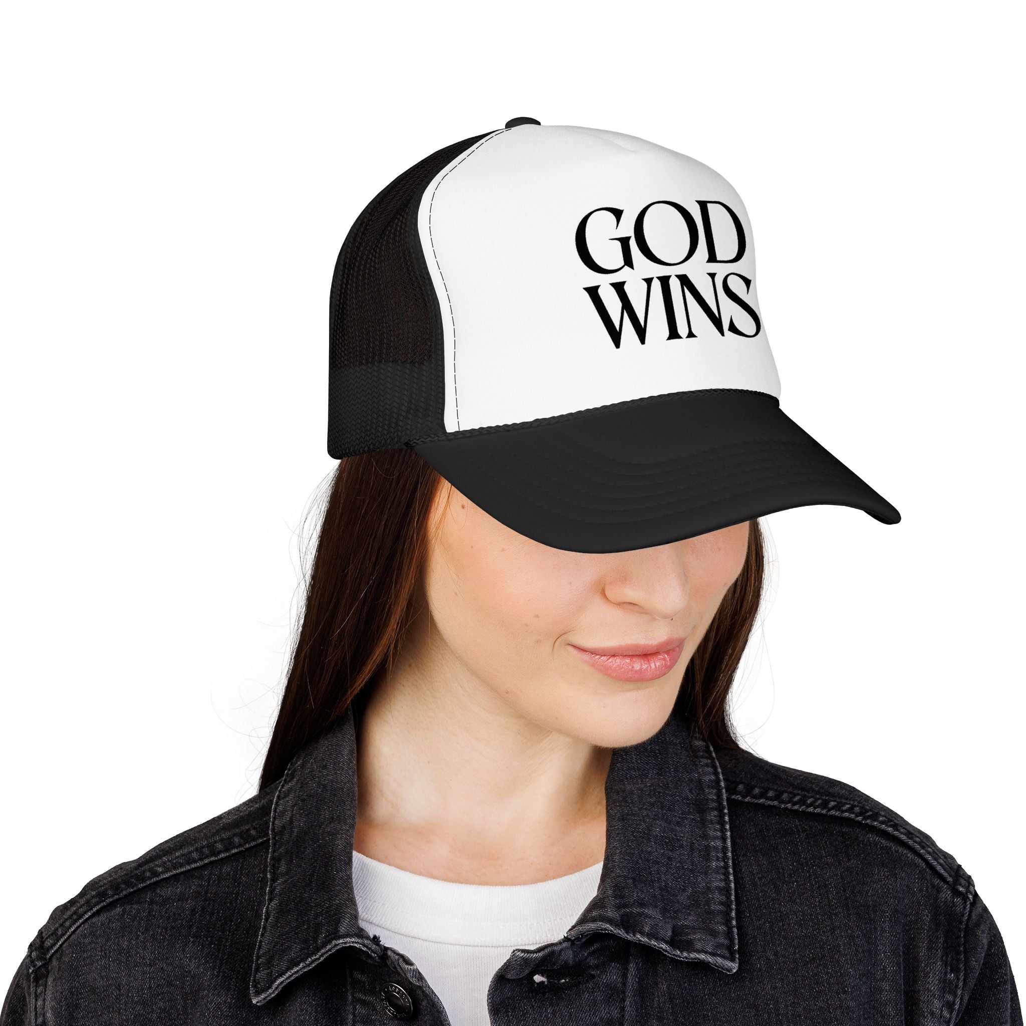 God Wins Trucker Hat — Christian Message Foam Mesh Cap