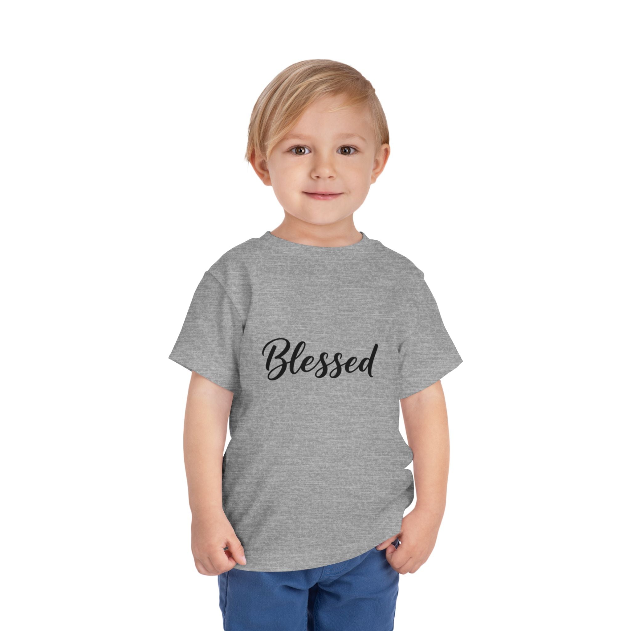 Blessed Toddler Tee — White Short Sleeve Baby Shirt with Script Text