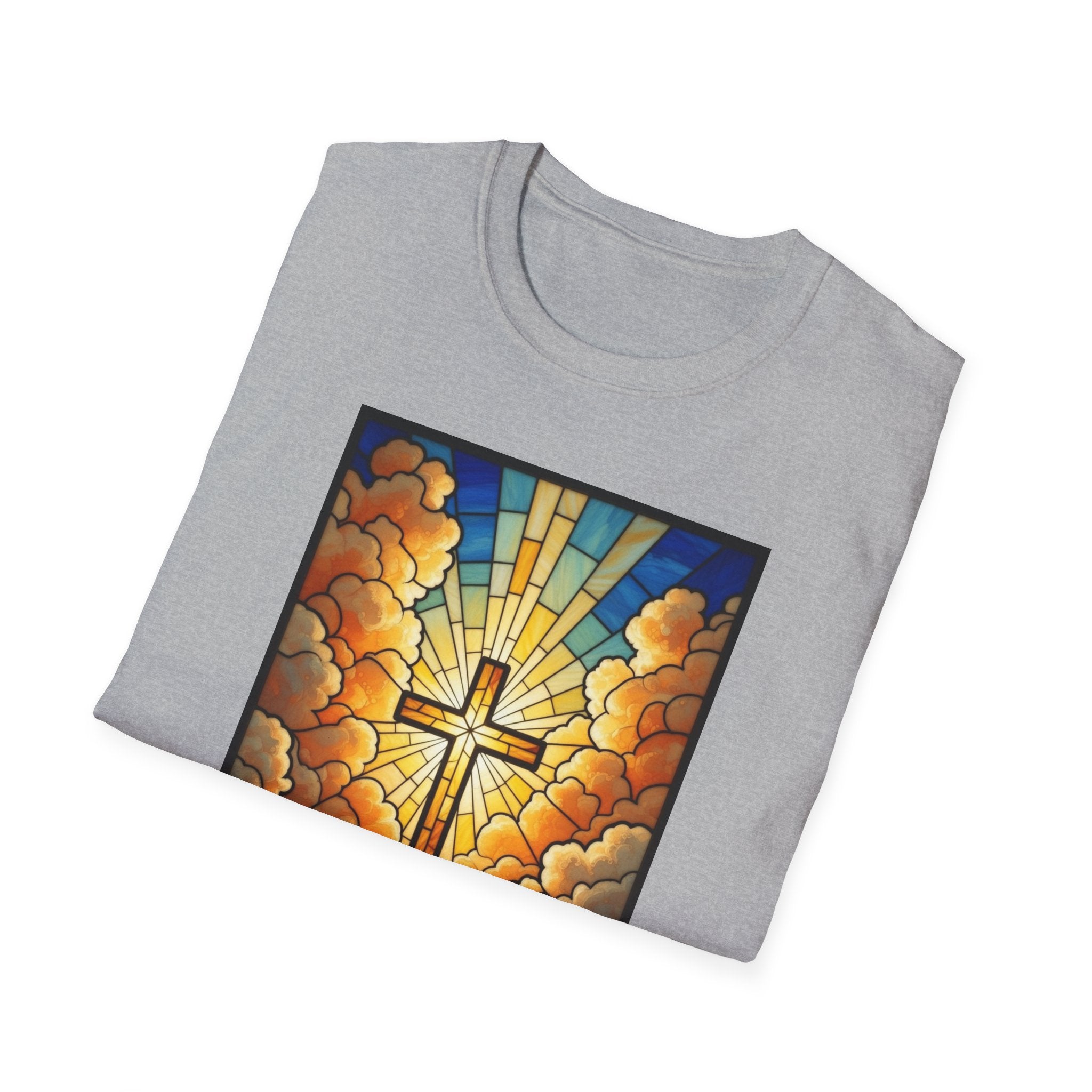 Christian Cross T-Shirt — Stained Glass Sunrise Faith Tee