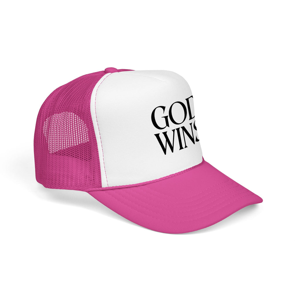 God Wins Trucker Hat — Christian Message Foam Mesh Cap