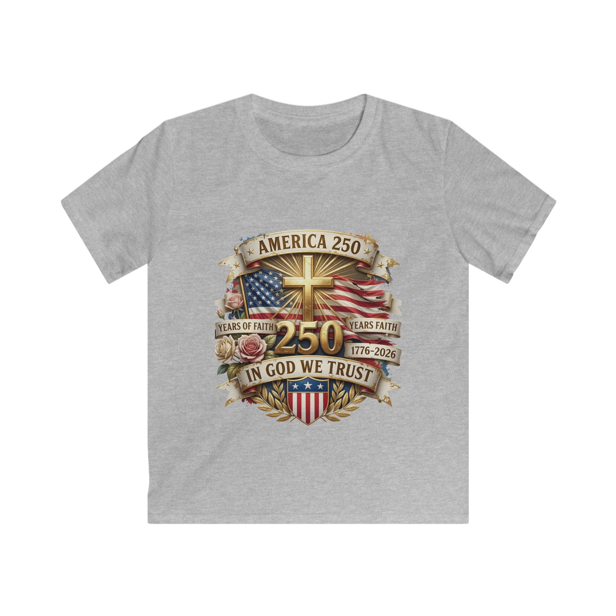 Kids Tee — America 250 Patriotic "In God We Trust" 1776–2026 Flag Emblem