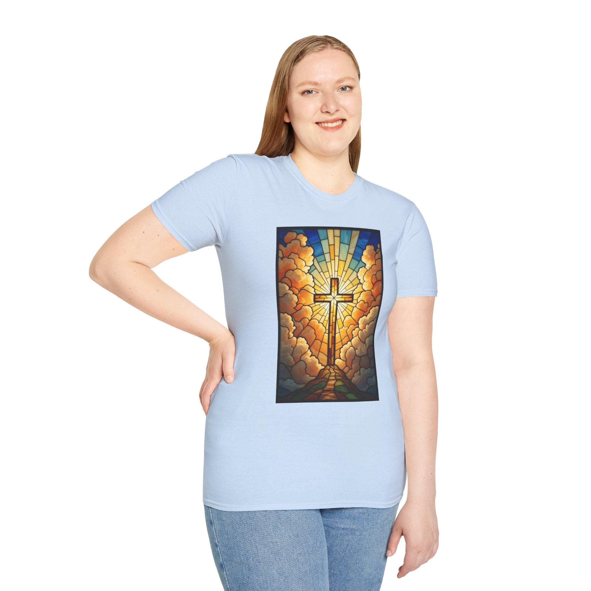 Christian Cross T-Shirt — Stained Glass Sunrise Faith Tee
