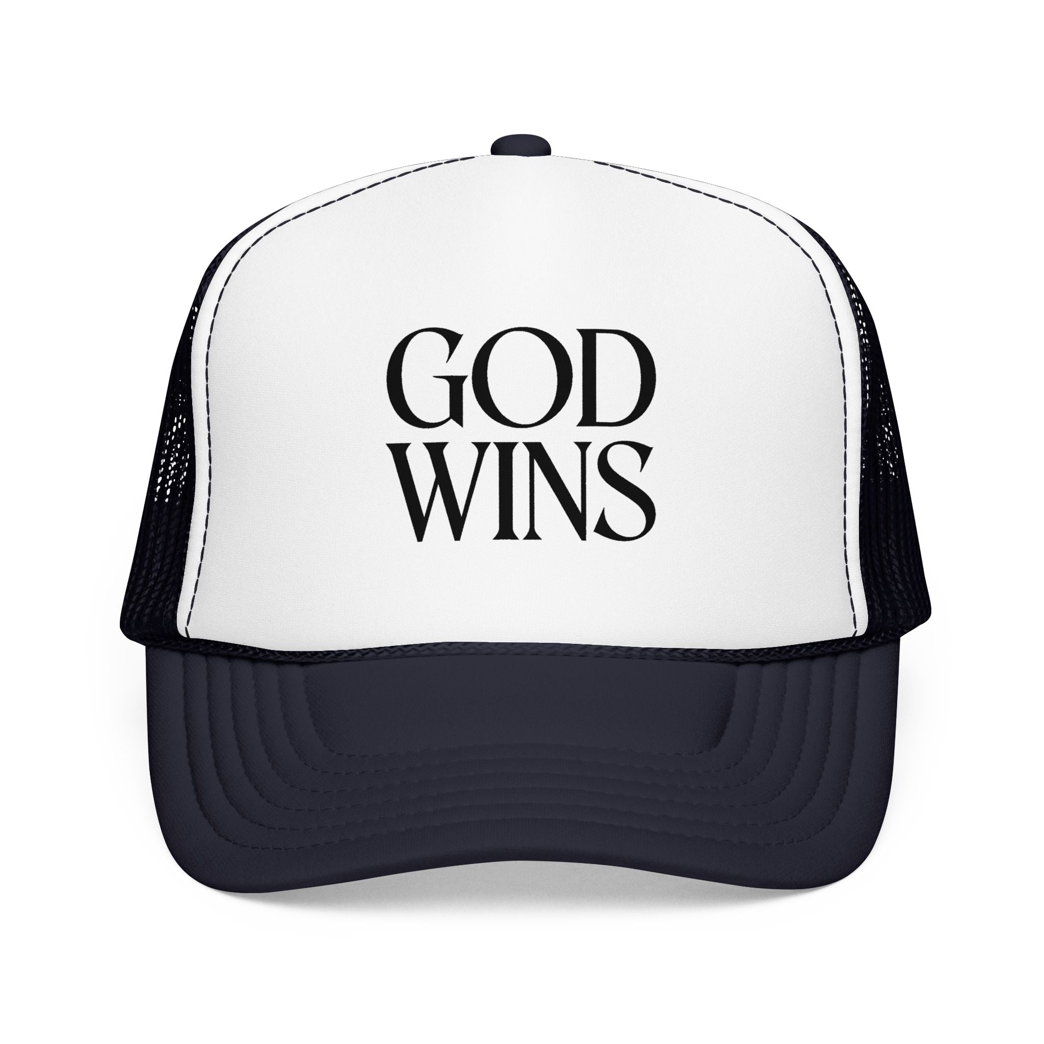 God Wins Trucker Hat — Christian Message Foam Mesh Cap