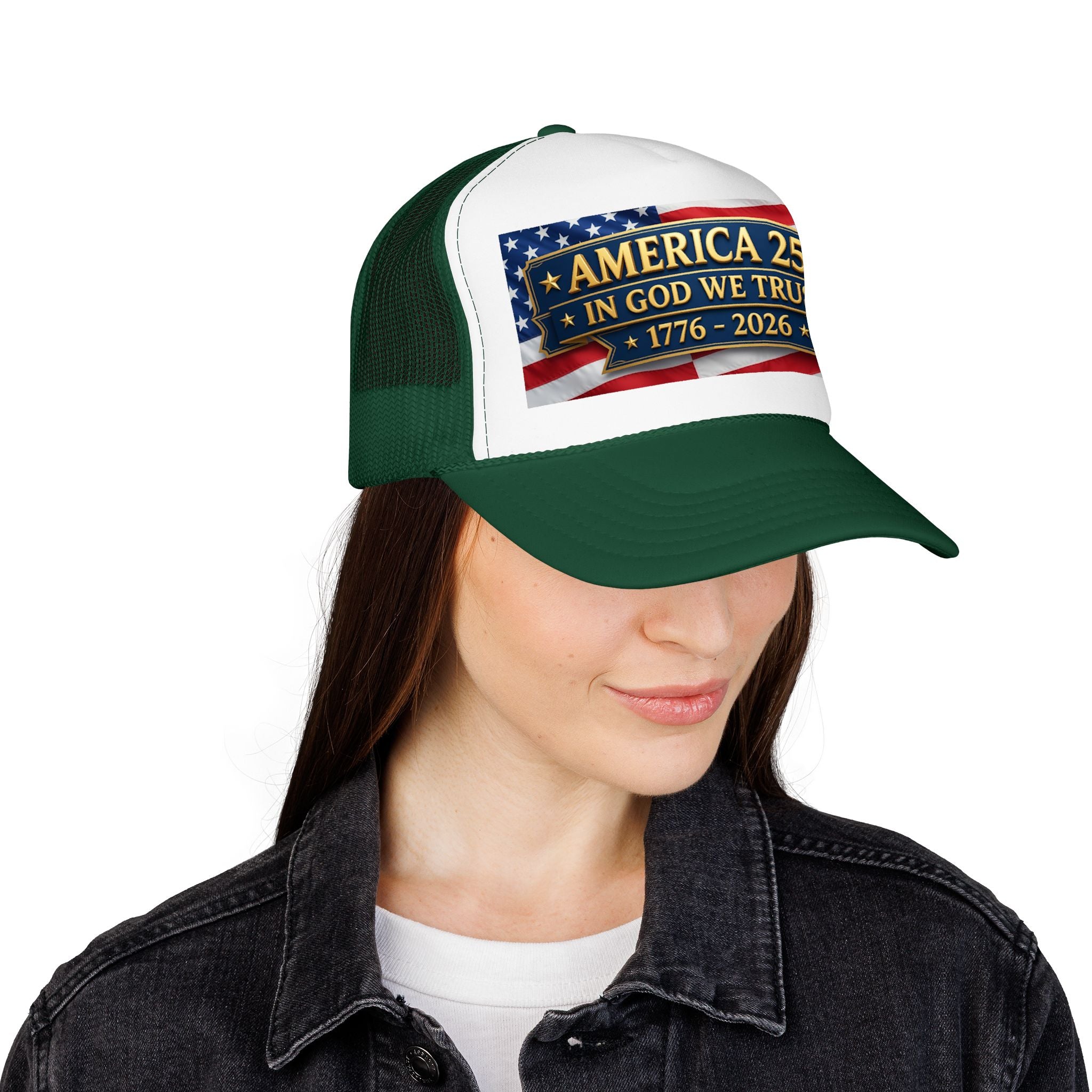 Trucker Hat — Multiple Colors “America 250 • In God We Trust • 1776–2026” Patriotic Flag Foam Cap