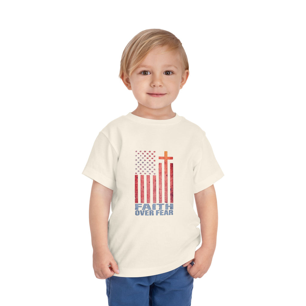 Toddler Tee — "Faith Over Fear" American Flag Cross Graphic