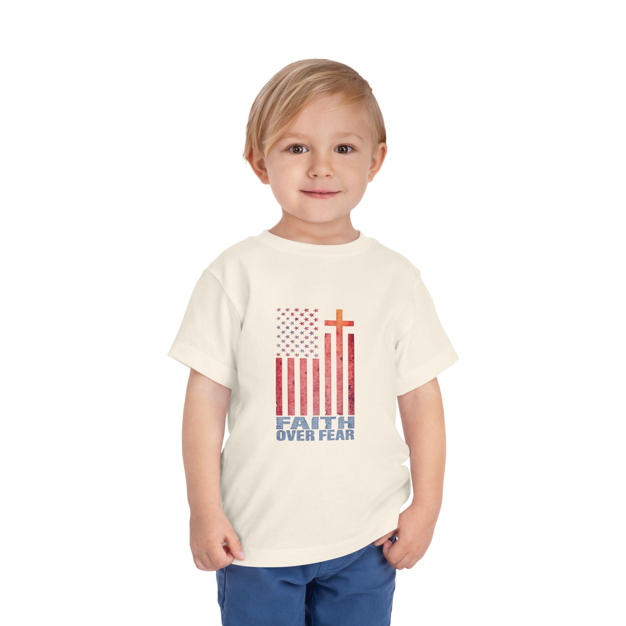 Toddler Tee — "Faith Over Fear" American Flag Cross Graphic