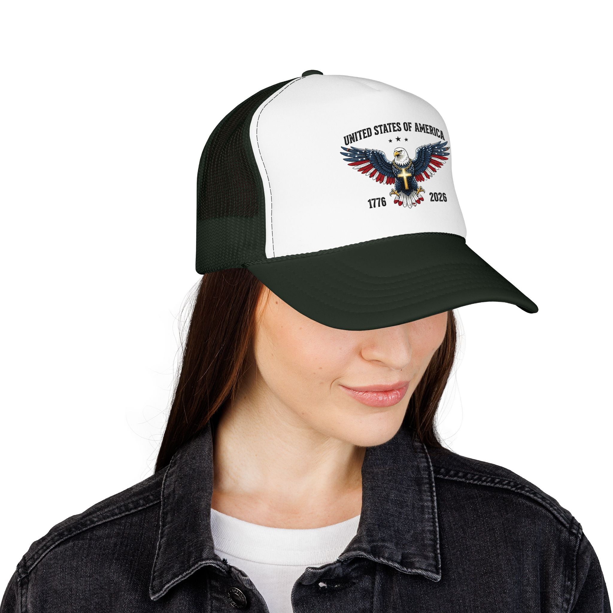 American Eagle Trucker Hat – Patriotic Cross & Flag Design