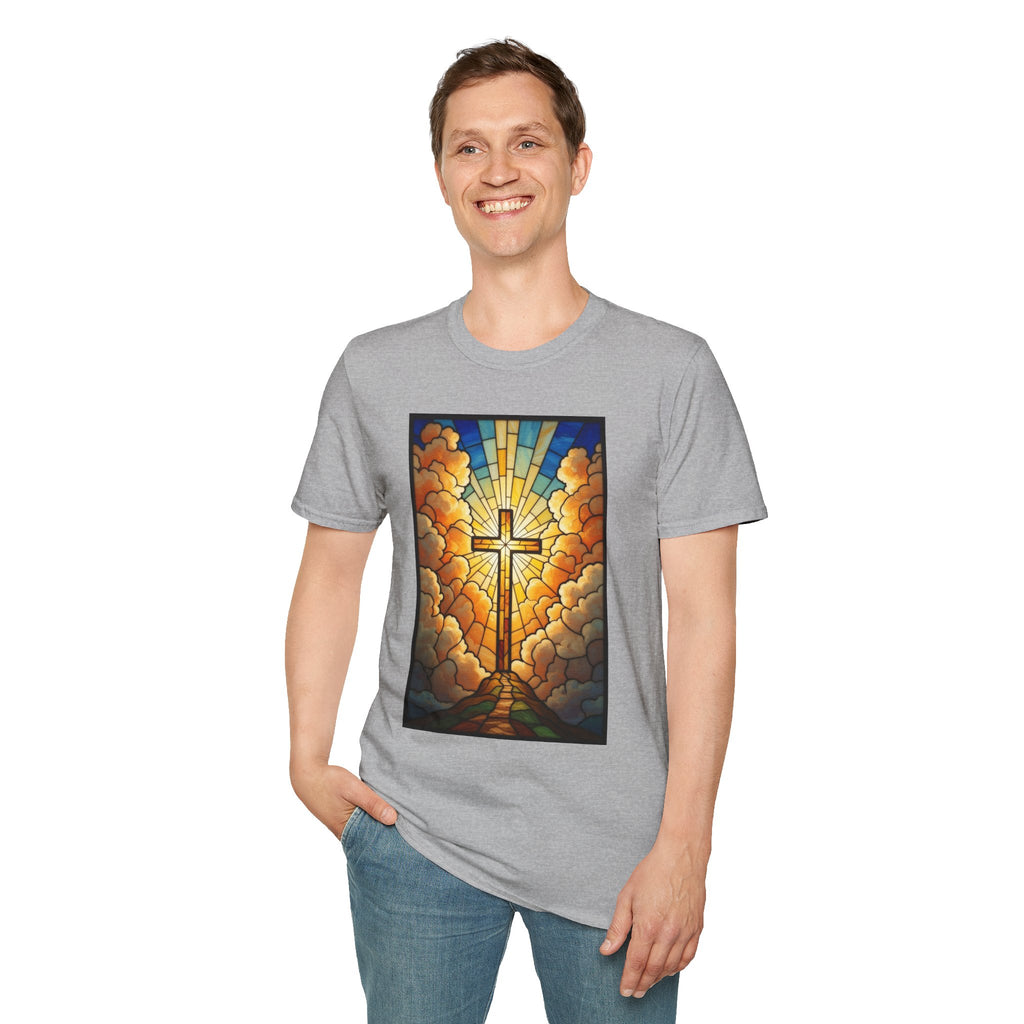 Christian Cross T-Shirt — Stained Glass Sunrise Faith Tee