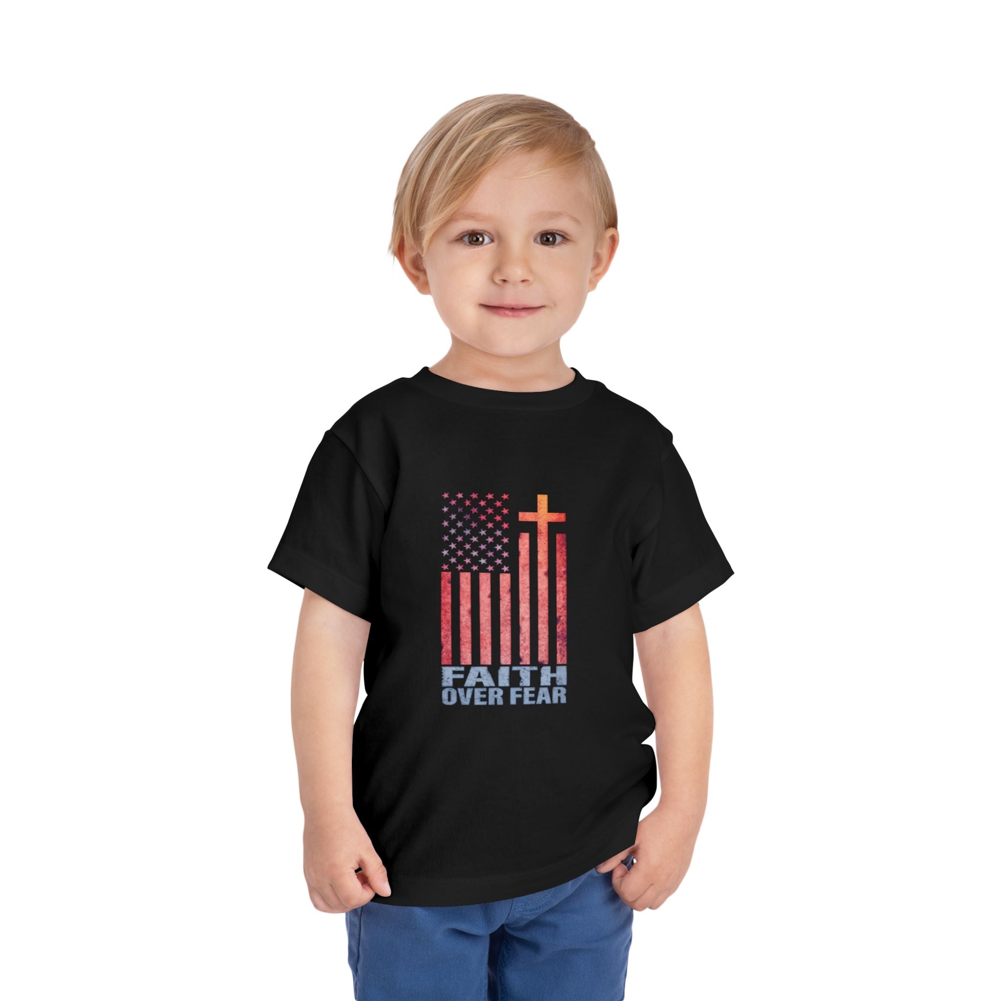 Toddler Tee — "Faith Over Fear" American Flag Cross Graphic