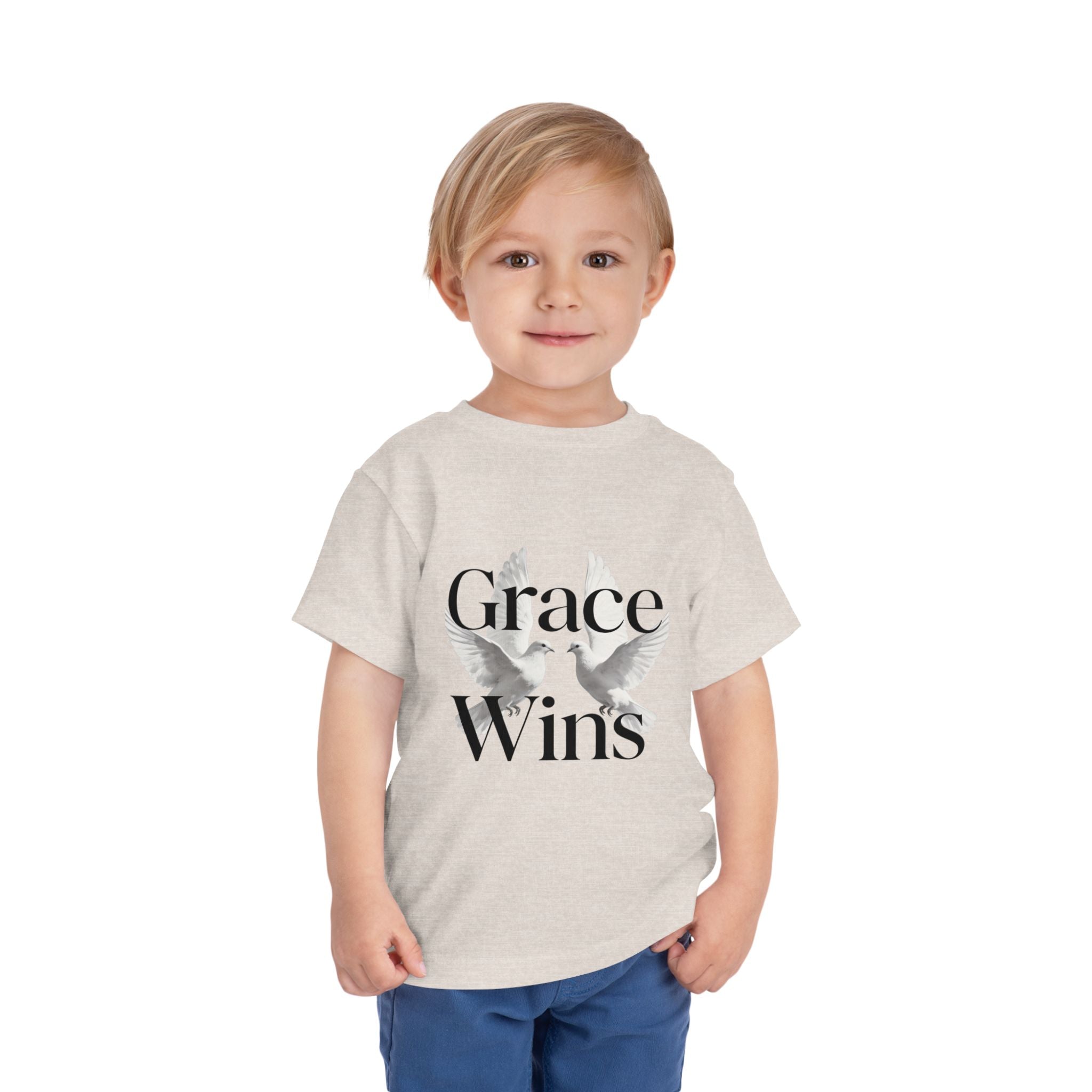 Toddler Tee — "Grace Wins" Dove Graphic Christian Short Sleeve Shirt
